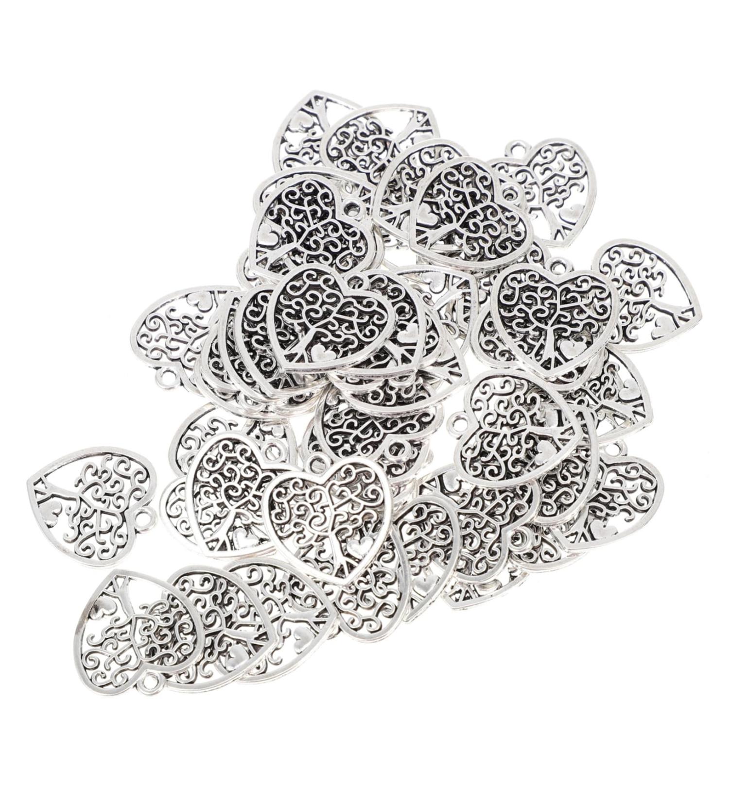 50pcs Pendant Jewel Earrings Heart Earring Retro Charms Alloy Hanging Ornaments Key Chain Hollow Out 1.8X1.7cm Silver - Buy Online on SooperMarket.com