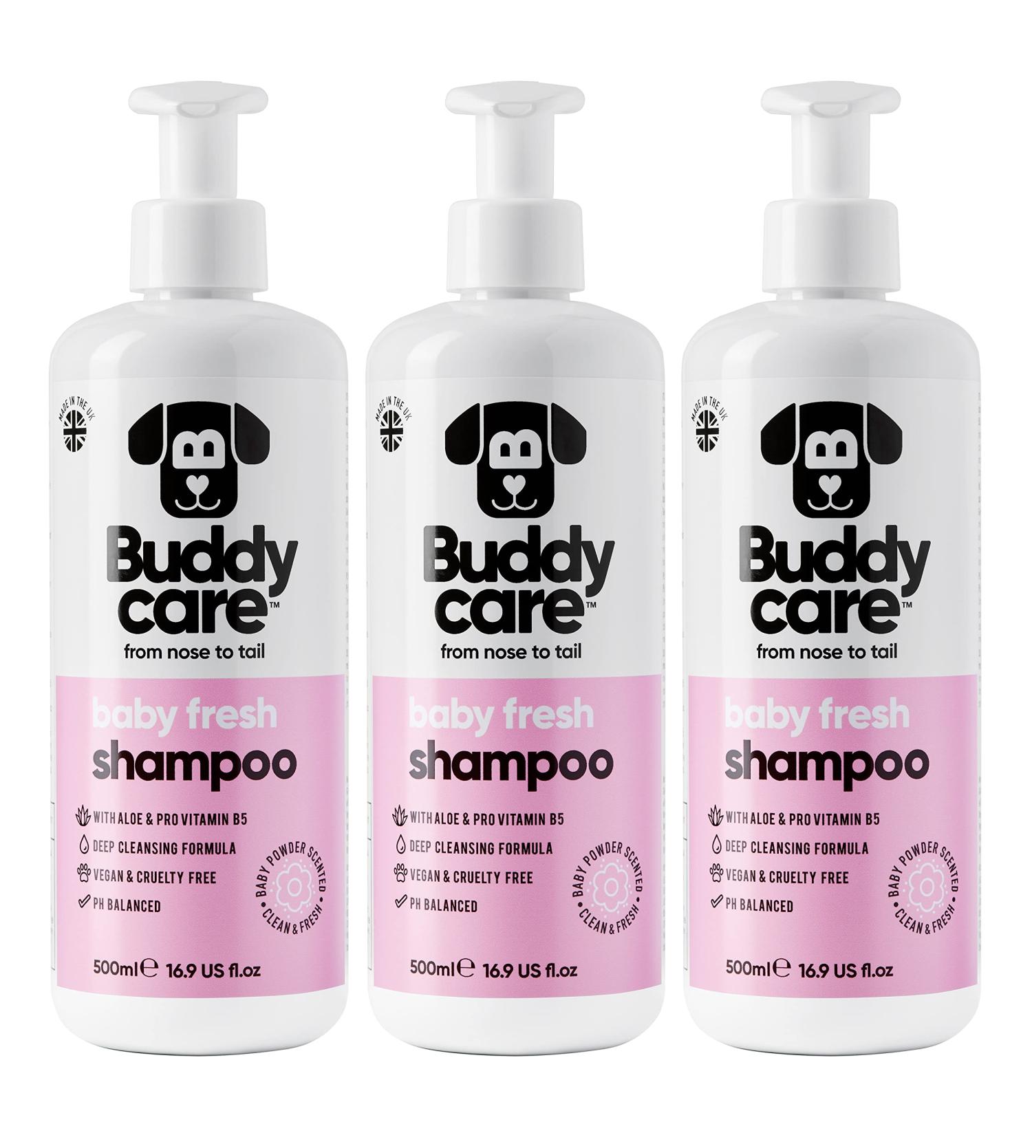 BuddyCare Baby Fresh Dog Shampoo - 3 x 500ml | Puppy Shampoo with Aloe Vera & Provitamin B5 for Dogs 8 Weeks & Older - Fragrant Baby Powder Formula - Buy Online on SooperMarket.com