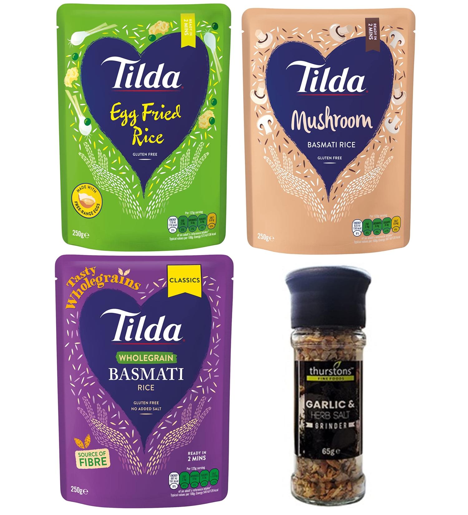 Tilda Microwave Basmati Rice Bundle with Garlic & Herb Salt Grinder - Egg Fried, Mushroom, Wholegrain Flavours - Ready in 2 Minutes - Buy Online on SooperMarket.com
