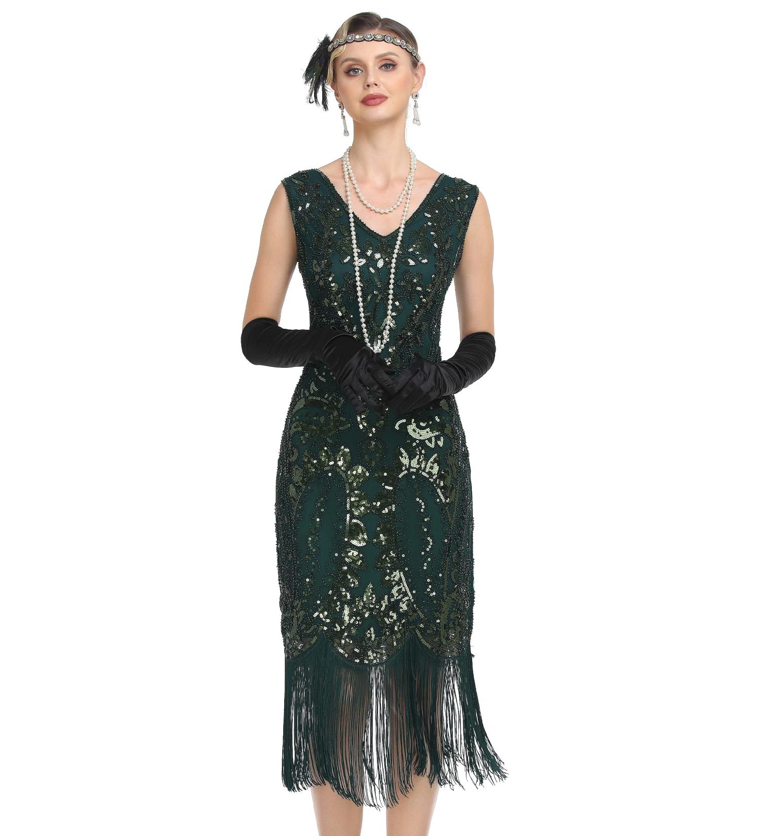 Kayamiya Women's 1920s Flapper Dress Sequin Fringed Paisley V-Neck Great Gatsby Costume Green - Medium - Buy Online on SooperMarket.com
