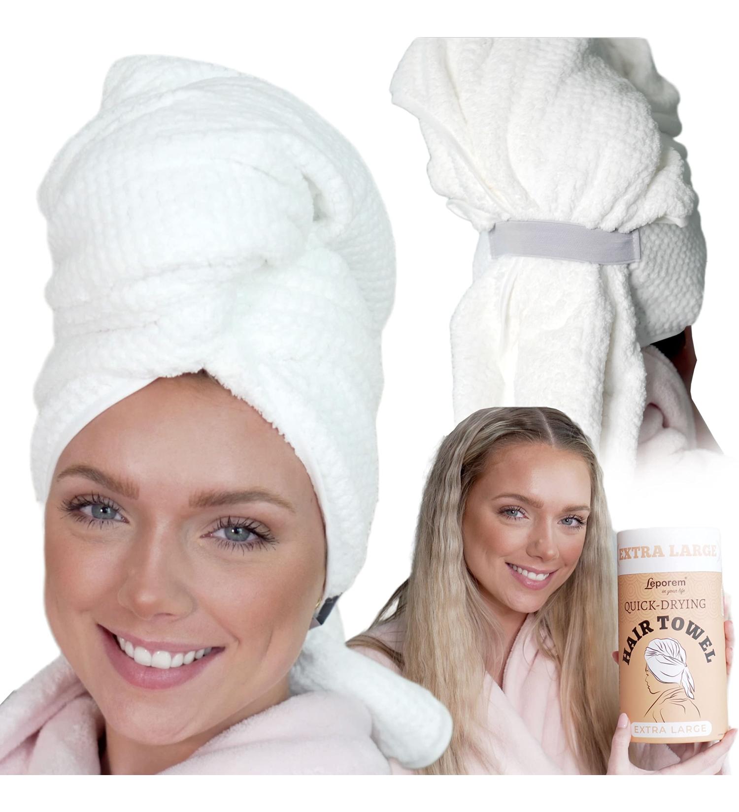 Leporem Extra Large Microfiber Hair Towel - Super Absorbent & Fast Drying - Dual Elastic Straps - Ideal for Thick Long & Curly Hair - White - Buy Online on SooperMarket.com