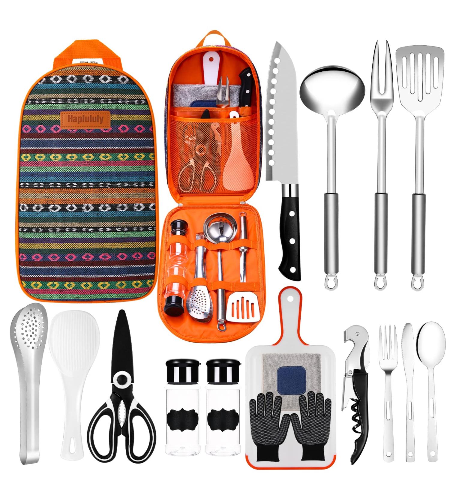 Camping Kitchen Utensils Set for Tent Campers | Portable Cookware Set for Outdoor Picnics and Barbecues | National Style Color | Essential Camping Cooking Gadgets - Buy Online on SooperMarket.com