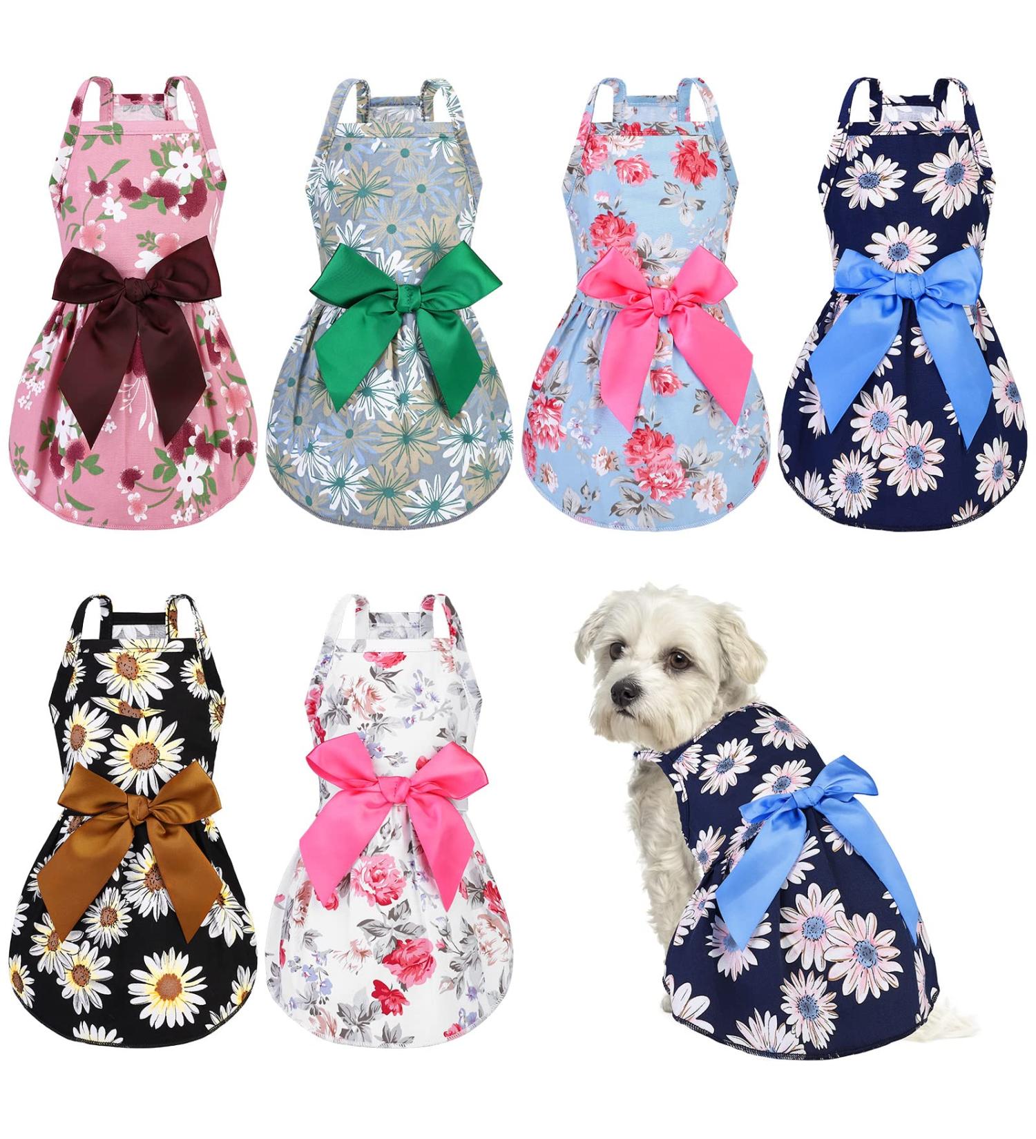 Pet Princess Dress Set - 6pc Dog Bowknot Floral Sundress with Lovely Bow for Small Pets - Medium Size Cute Puppy Summer Dress - Buy Online on SooperMarket.com