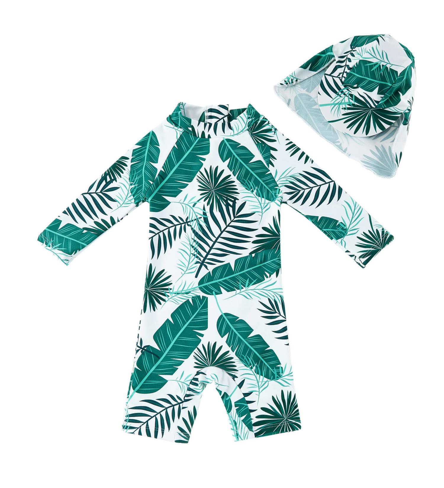 UPF 50+ Baby Boy Swimwear Set with Sun Hat | 18-24 Months | Leaf Print Infant One Piece Zip Swimsuit - Buy Online on SooperMarket.com