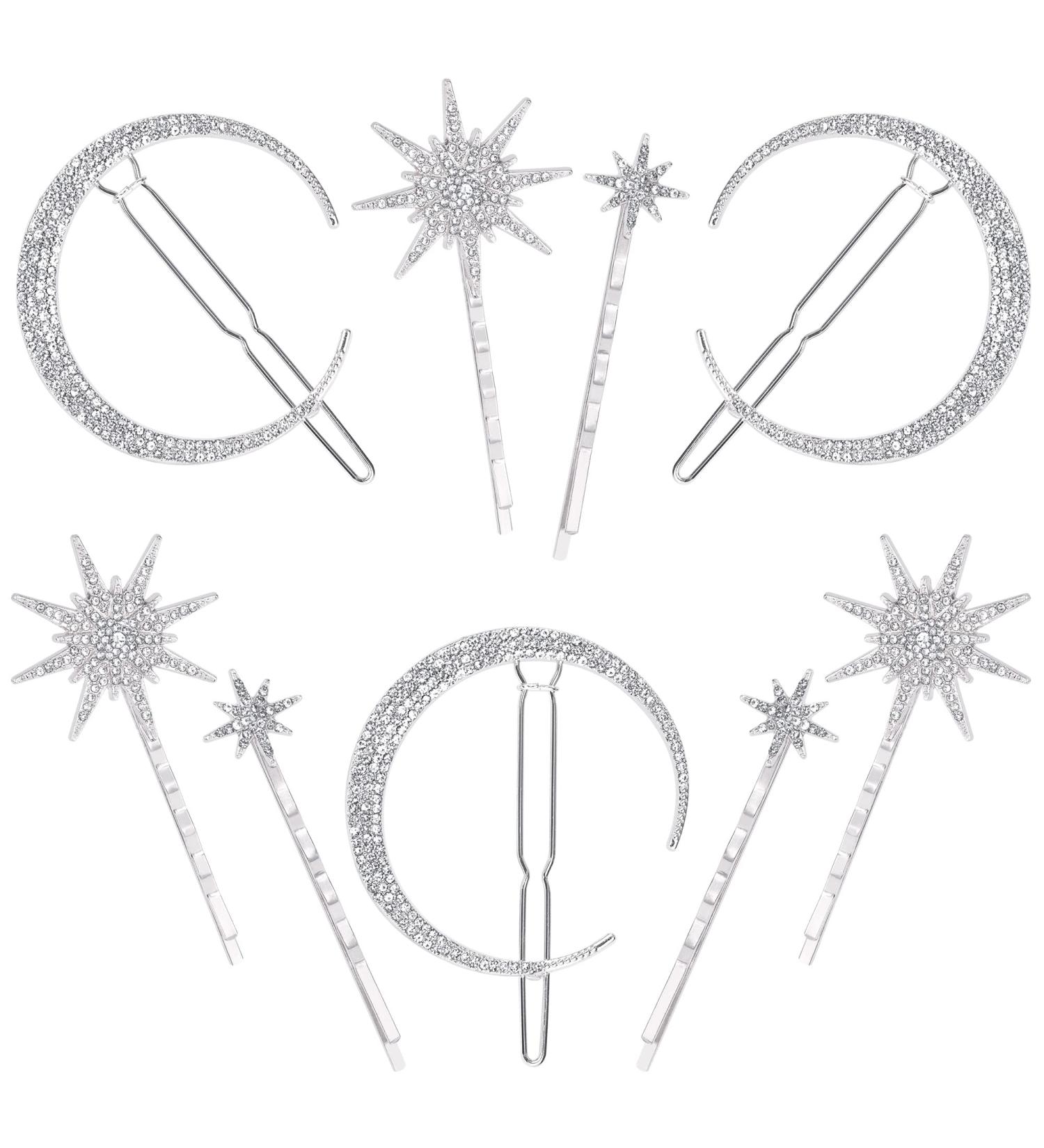 Moon Hair Clips Rhinestone Hair Clips Metal Star Geometric Golden Snowflake for Women Girls Combing Silver 9 Pieces - Buy Online on SooperMarket.com