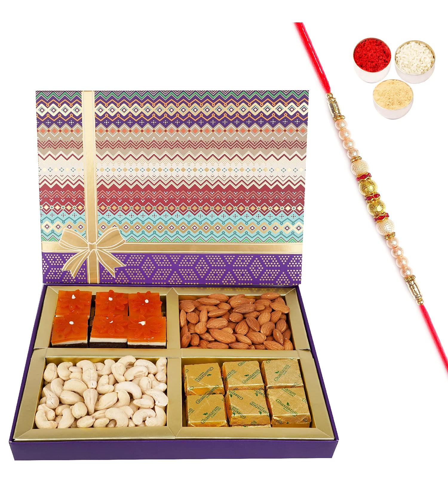 Jaiccha Ghasitaram Rakhi Gifts for Brothers Fruit n Nut Dryfruit Box with Mango and MEWA Bites 500 GMS with Pearl Rakhi Dryfruit Box with Mango & MEWA Bites with Rakhi - Buy Online on SooperMarket.com