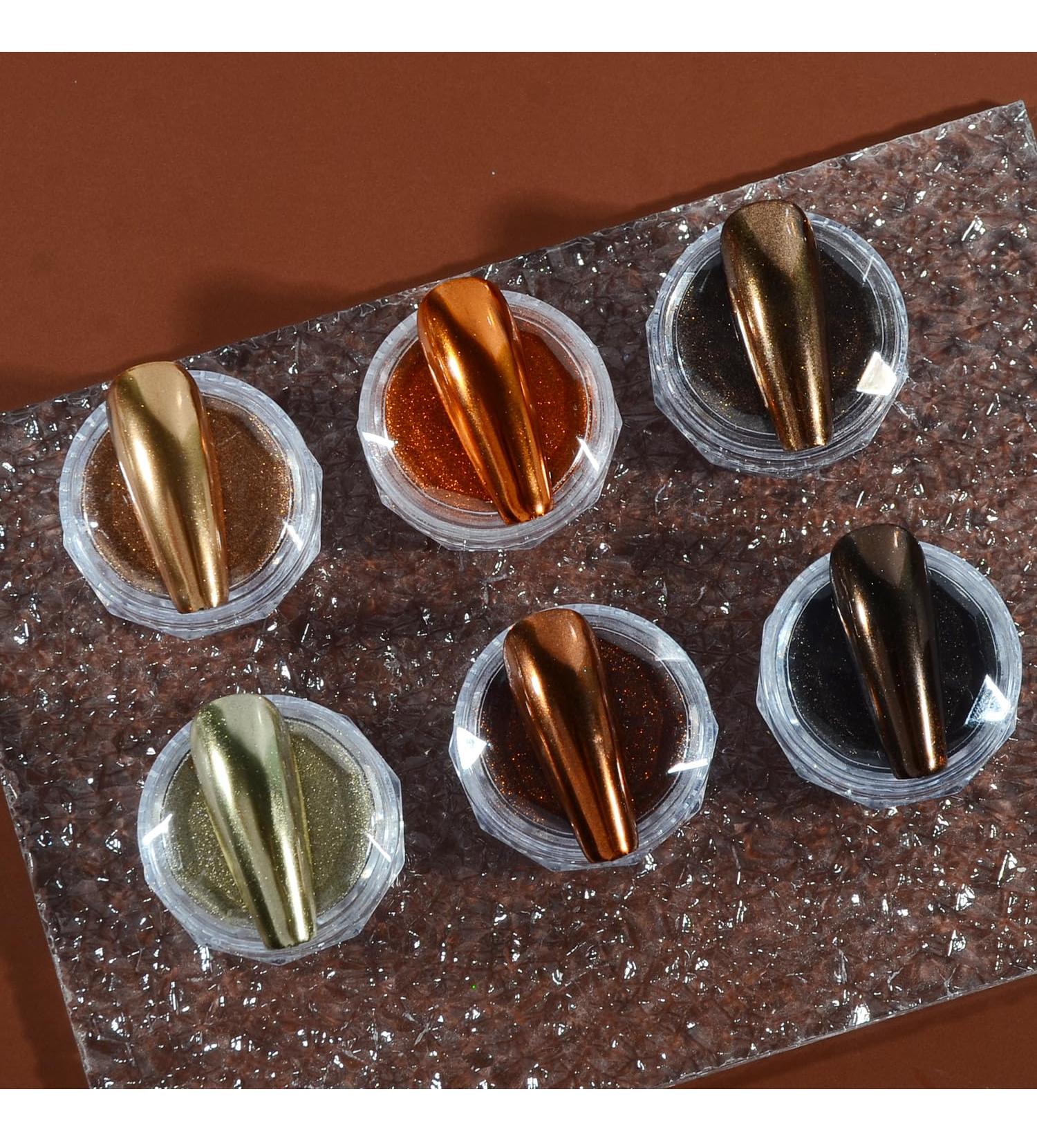 Chrome Nail Powder Set - 6 Metallic Brown Colors for Mirror Effect Manicure | Glitter Dust & Sponge Applicators - Buy Online on SooperMarket.com