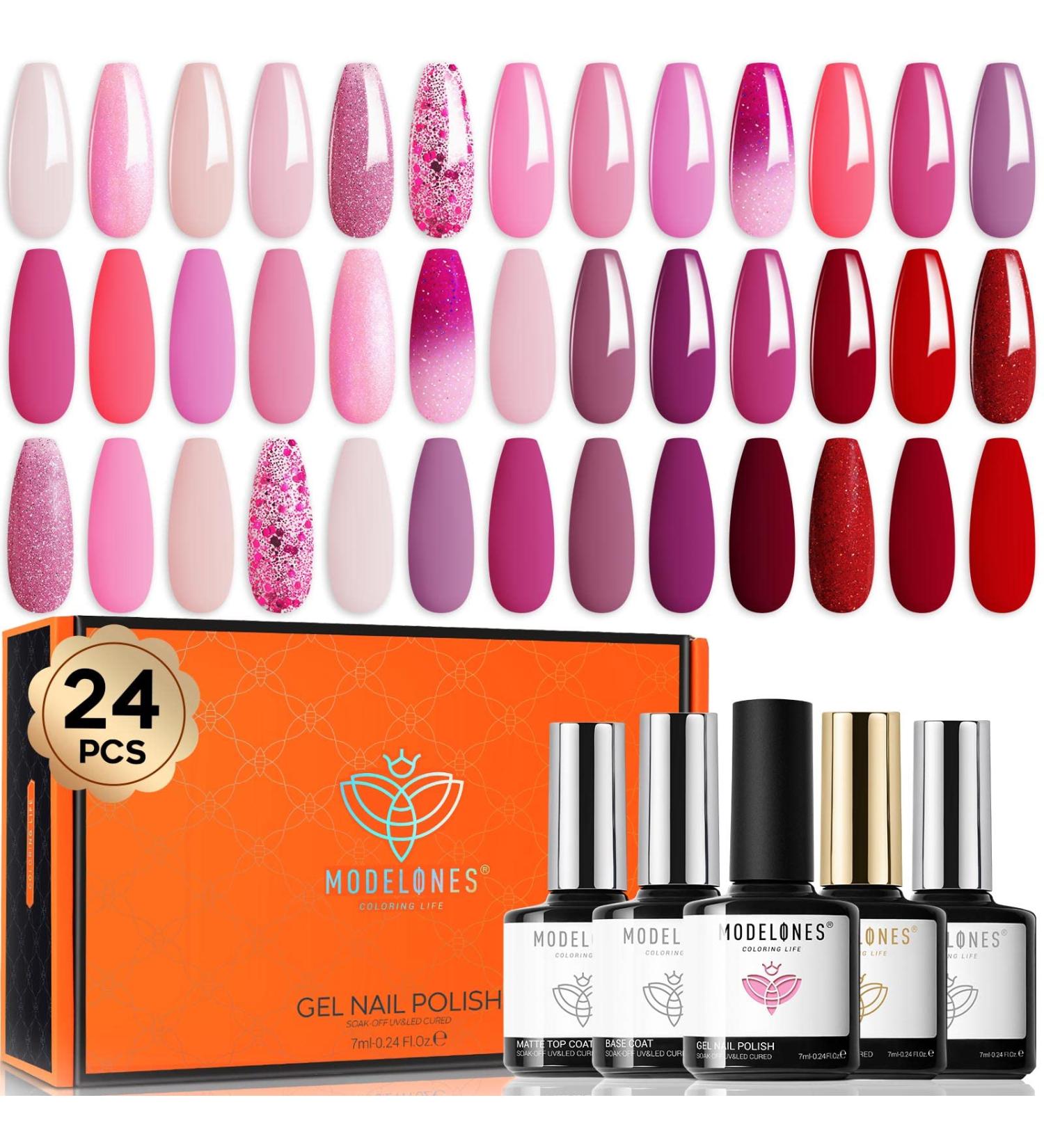 Modelones 24 Pcs Gel Nail Polish Kit - Hot Pink & Glitter Soak Off Gel Set with GlossyMatte Top & Base Coat | Perfect Nail Art Gifts - Buy Online on SooperMarket.com
