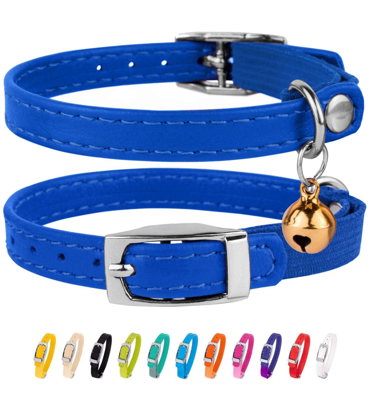 Collardirect Leather Cat Neck Band - Safety Collar with Elastic Belt & Bell | Adjustable 23-28 cm | Available in Black Blue Red Orange Green Pink - Buy Online on SooperMarket.com