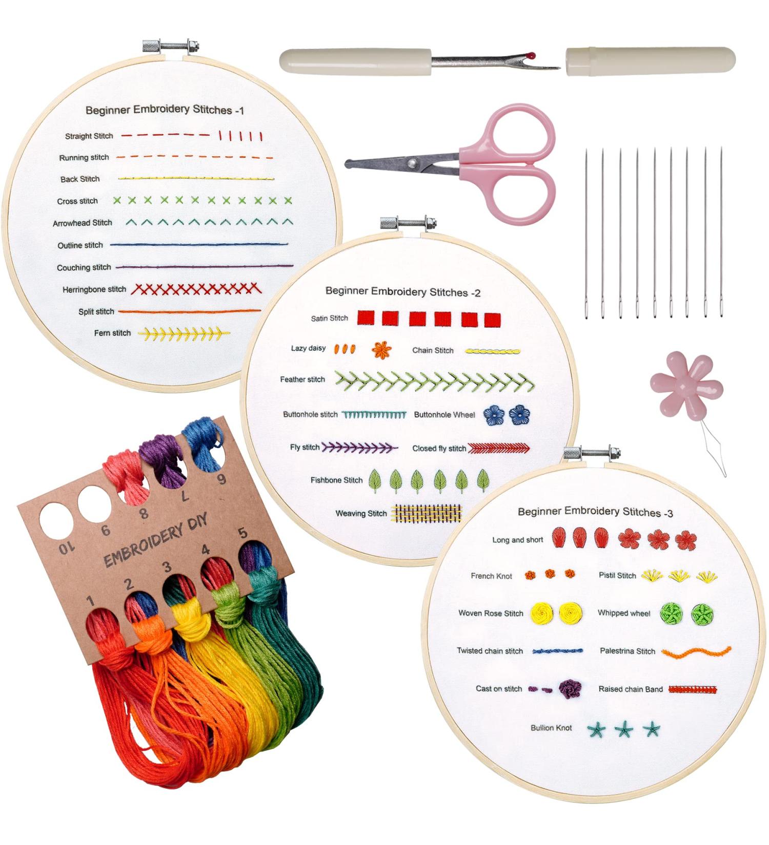 Embroidery Stitch Practice Kit - Learn 30 Stitches with 3 Sets - Craft Lover's Essential for Hand Stitching - Includes Fabric and Skill Techniques - Buy Online on SooperMarket.com