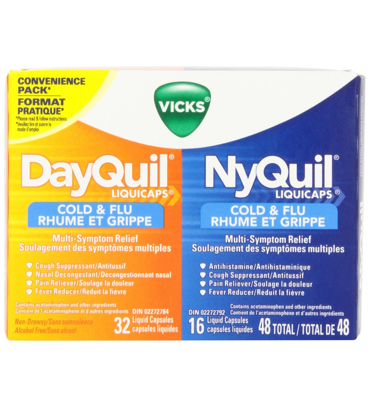 Vicks DayQuil Cold & Flu Multi-Symptom Relief Liquid Capsules + Vicks NyQuil Cold & Flu Multi-Symptom Relief Liquid Capsules Total 48 Count - Buy Online on SooperMarket.com