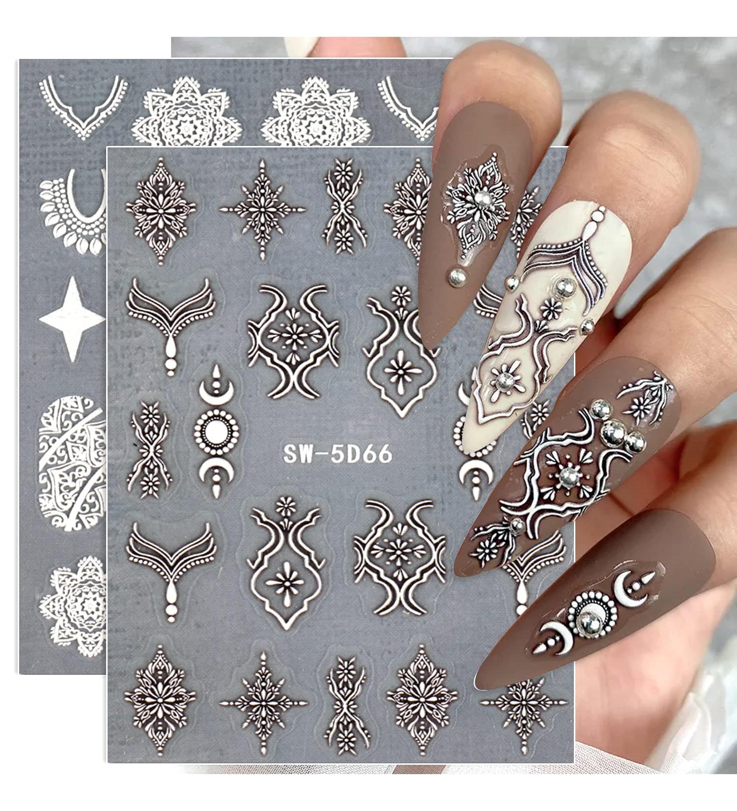 Embossed Bohemian Retro Lace Nail Art Stickers - 4 Sheets for Women and Girls - Buy Online on SooperMarket.com