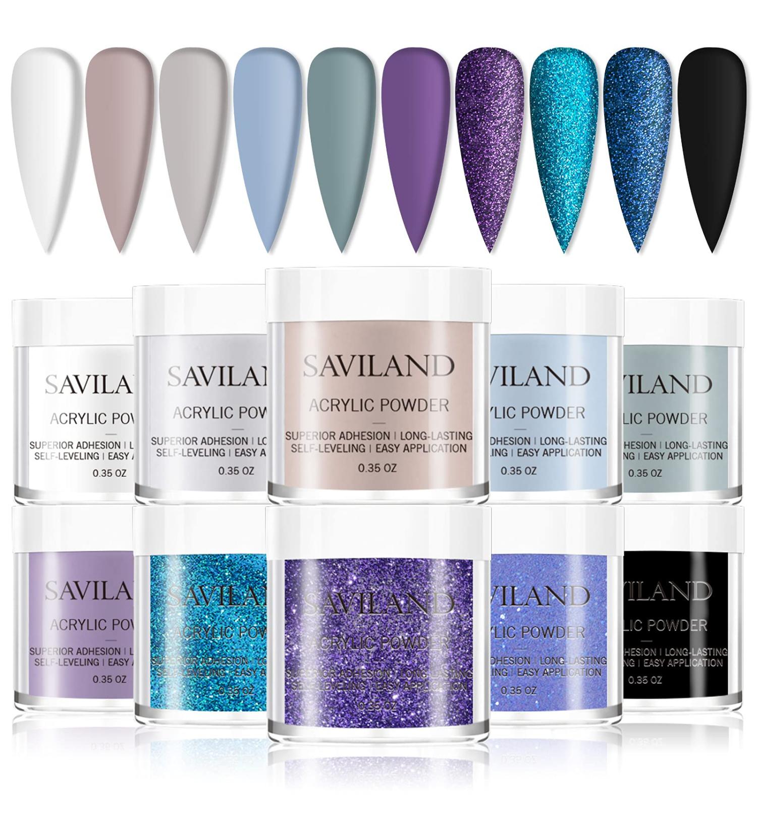 Saviland 10 Colors Acrylic Powder Set for Nail Extension - Professional Acrylic Polymer Powder with Glitter Shades - No Lamp Needed - Office Lady Approved - Buy Online on SooperMarket.com