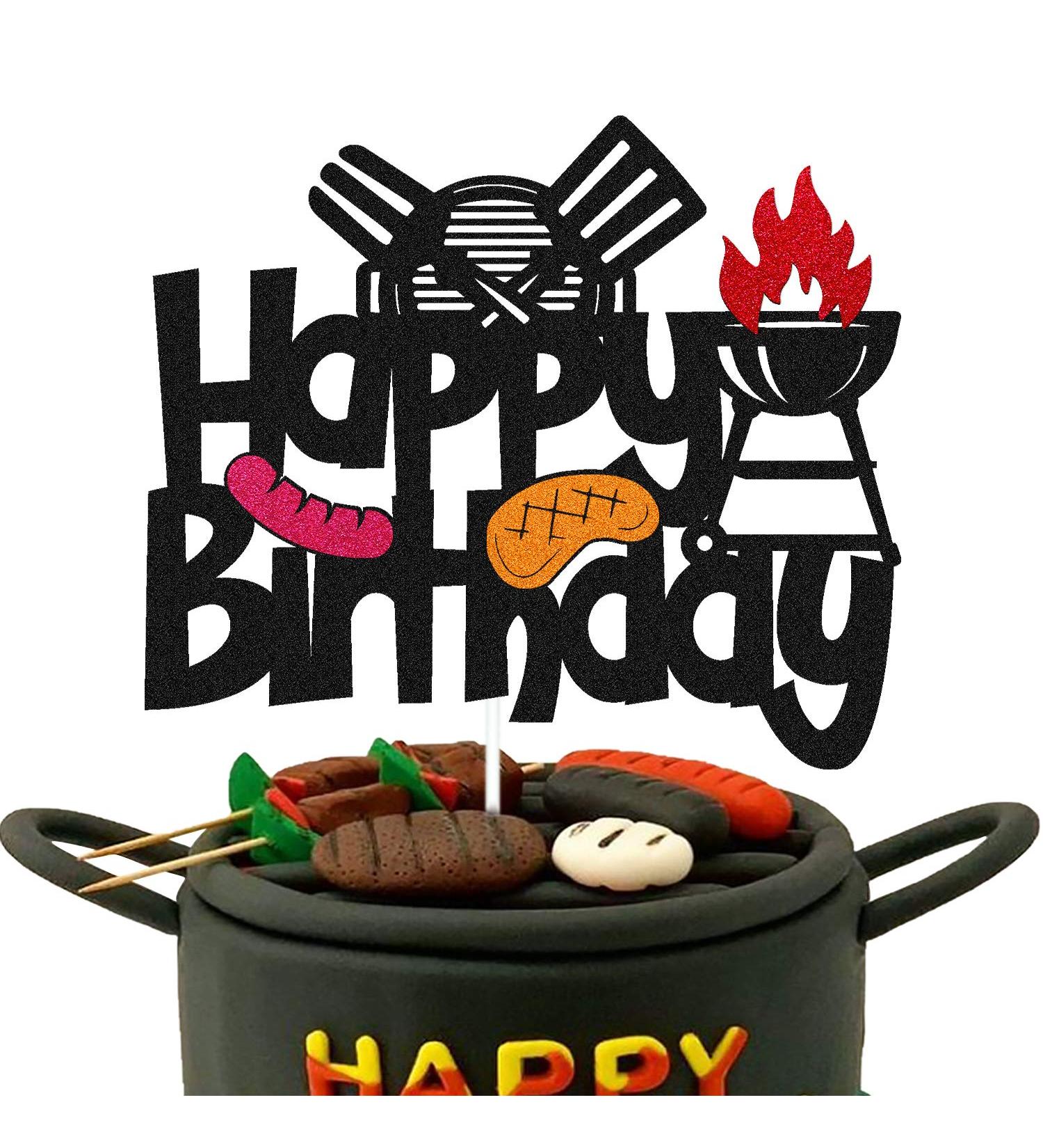 Barbecue Cake Topper for BBQ Sausage Roti Grill Cooking Theme Happy Birthday Cake Decorations Kids Boy Girl Bday Party Handmade Double Side Glitter Black Supplies Decor - Buy Online on SooperMarket.com