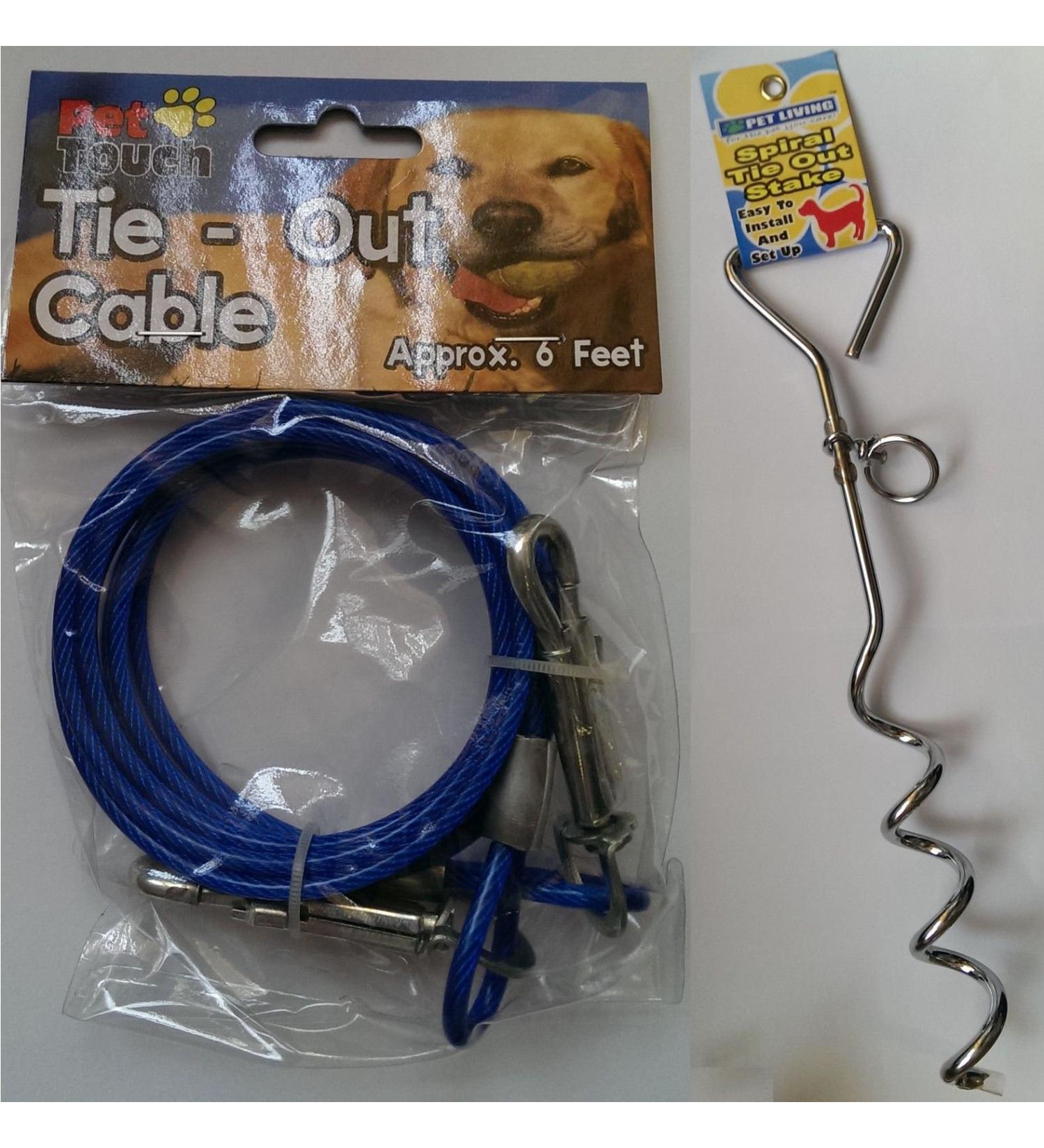 Dog 6ft Garden Tie Out Cable Pet Lead Strong Wire with Spiral Ground Stake Spike (Blue)