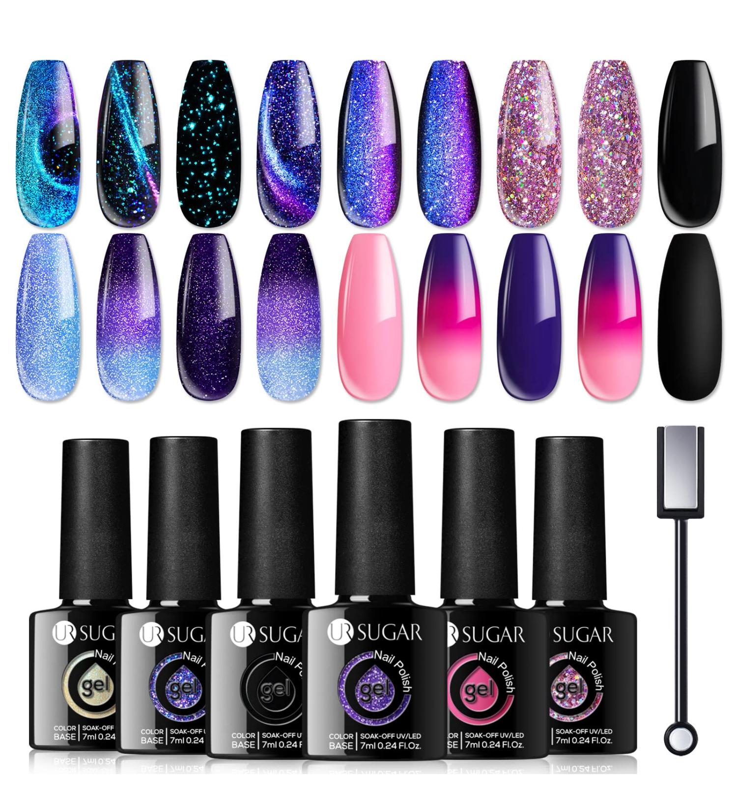 UR SUGAR Color Changing Gel Nail Polish Set - 6 Pcs Glitter Purple Thermal Magnetic Effect Kit - Soak Off Gel Nail Gift Box - Buy Online on SooperMarket.com