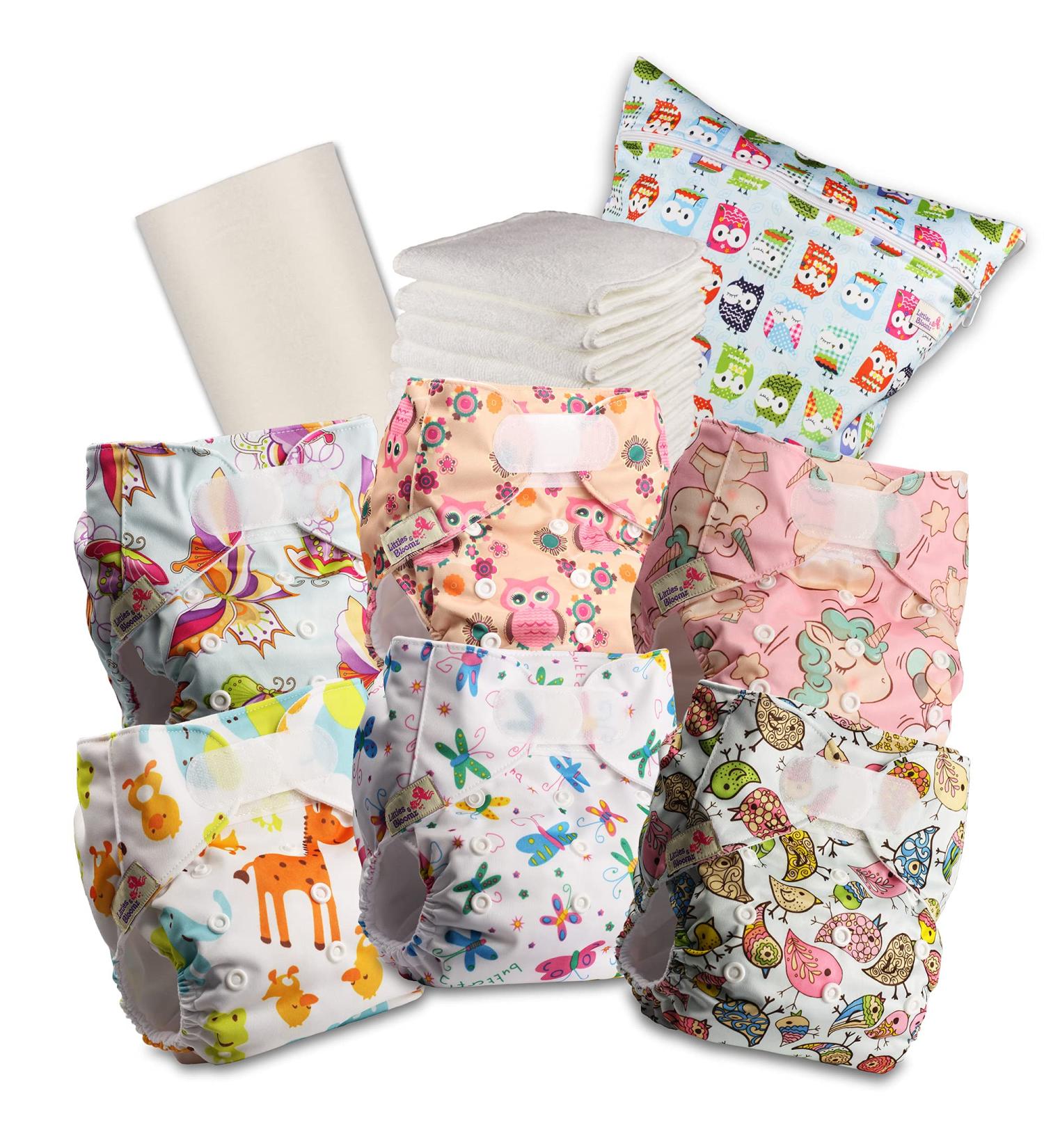 Littles & Bloomz Baby Reusable Nappy Cloth Pocket Diaper Standard Hook and Loop 6 Nappies + 6 Inserts 1 Disposable Bamboo Liner 1 Wet Nappy Bag 603VM6 Design03