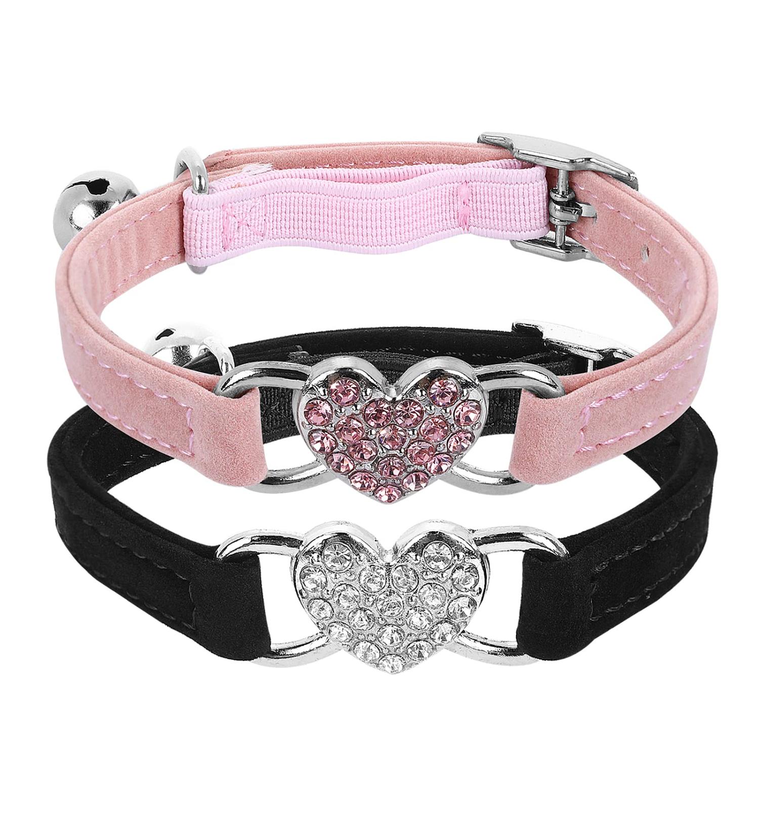 Shop Cobee Bling Heart Cat Neck Band - Adjustable Rhinestone Pet Collar with Bell for Small Cats & Dogs - Pink/Black - Buy Online on SooperMarket.com