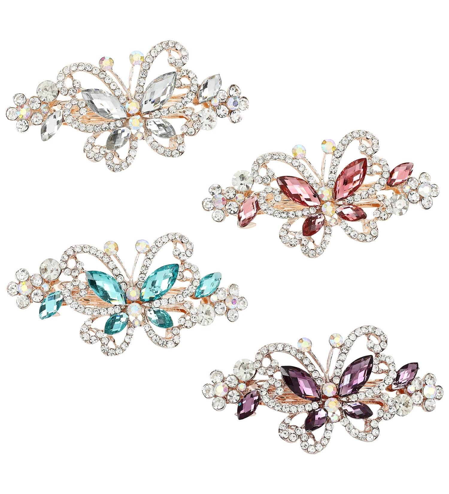 Sparkly Jeweled Butterfly Barrettes - 4 Pack Luxury Crystal Rhinestone Hair Clips - Buy Online on SooperMarket.com