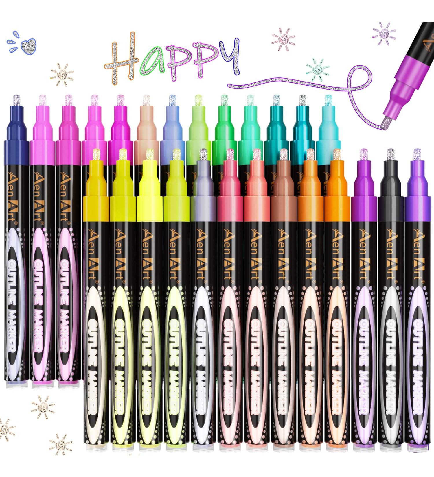 Aen Art Double Line Outline Pens Set - 26 Shimmer Colors for Doodling, Drawing, and Calligraphy - Buy Online on SooperMarket.com