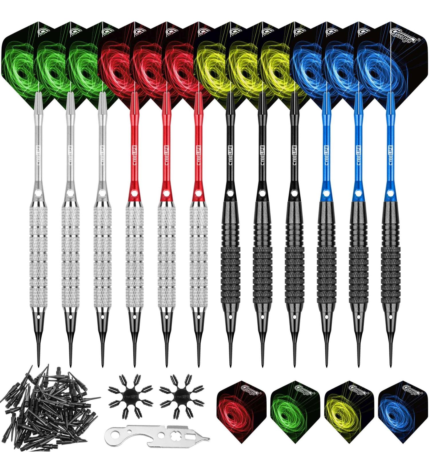 CyeeLife Soft Tip Darts Set - 12 Aluminium Shafts, 100 Extra Tips, Flights & Tool - 17g+18g Style - 12 Packs - Buy Online on SooperMarket.com