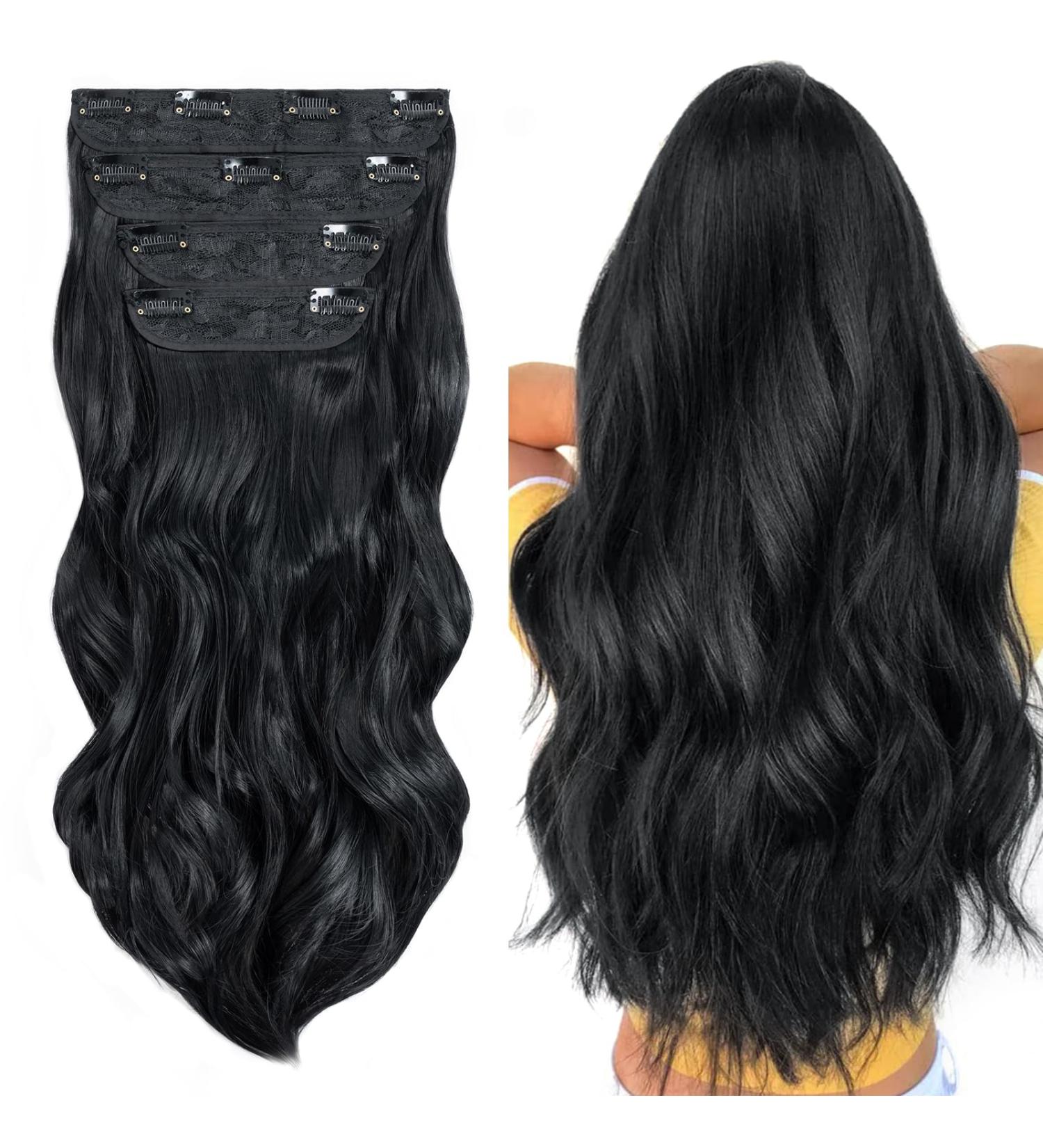 4PCS 22 Inch Curly Jet Black Hair Extensions - Synthetic Fiber Hair Pieces for Women - Full Head Wavy Clip in Extensions - Buy Online on SooperMarket.com
