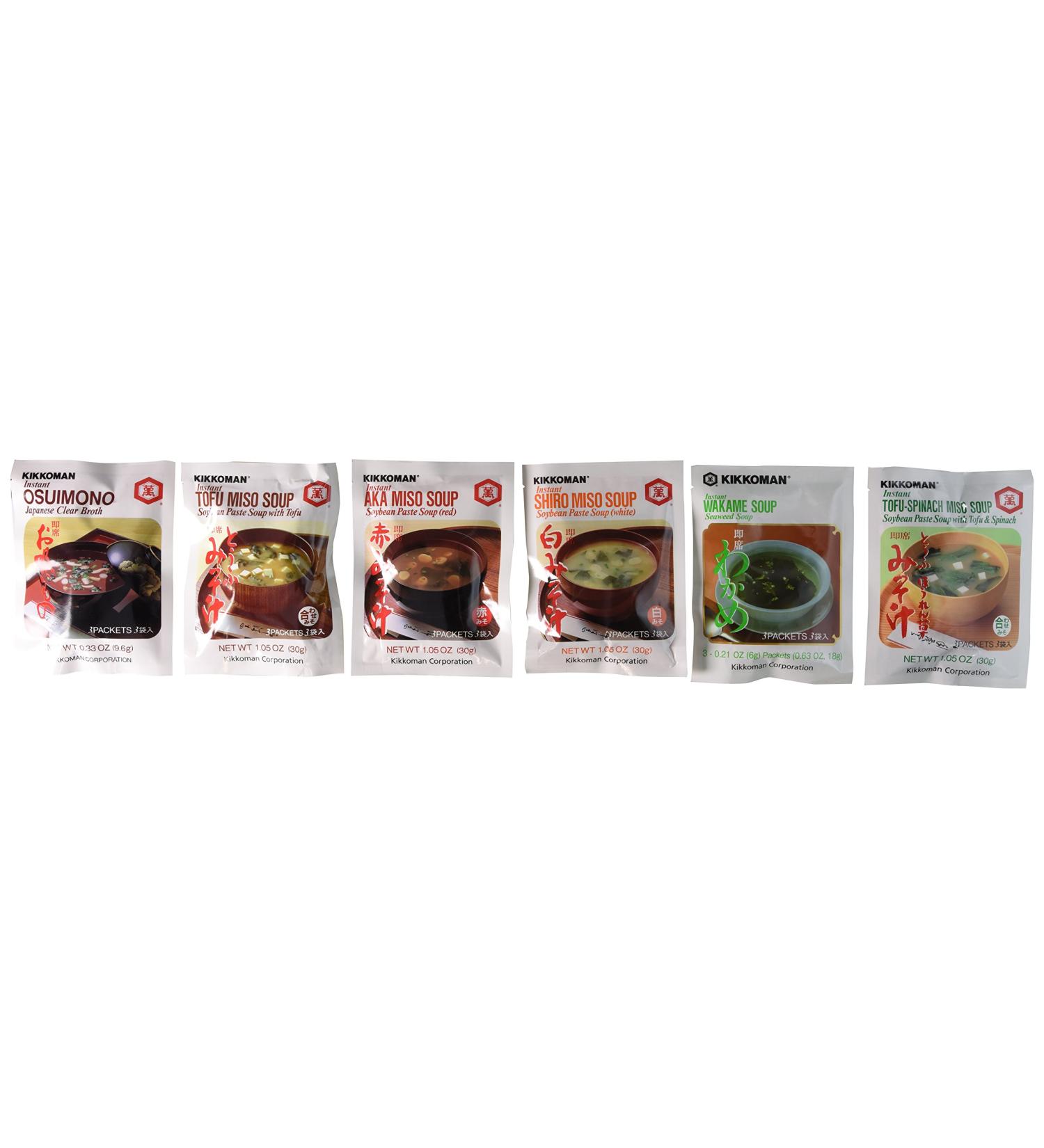 Kikkoman Instant Soup 6 Variety Pack - Miso-tofu , Tofu- Spinach Soup, Shiro Miso , Aka Miso , Osuimino Japanese Clear, Wakame