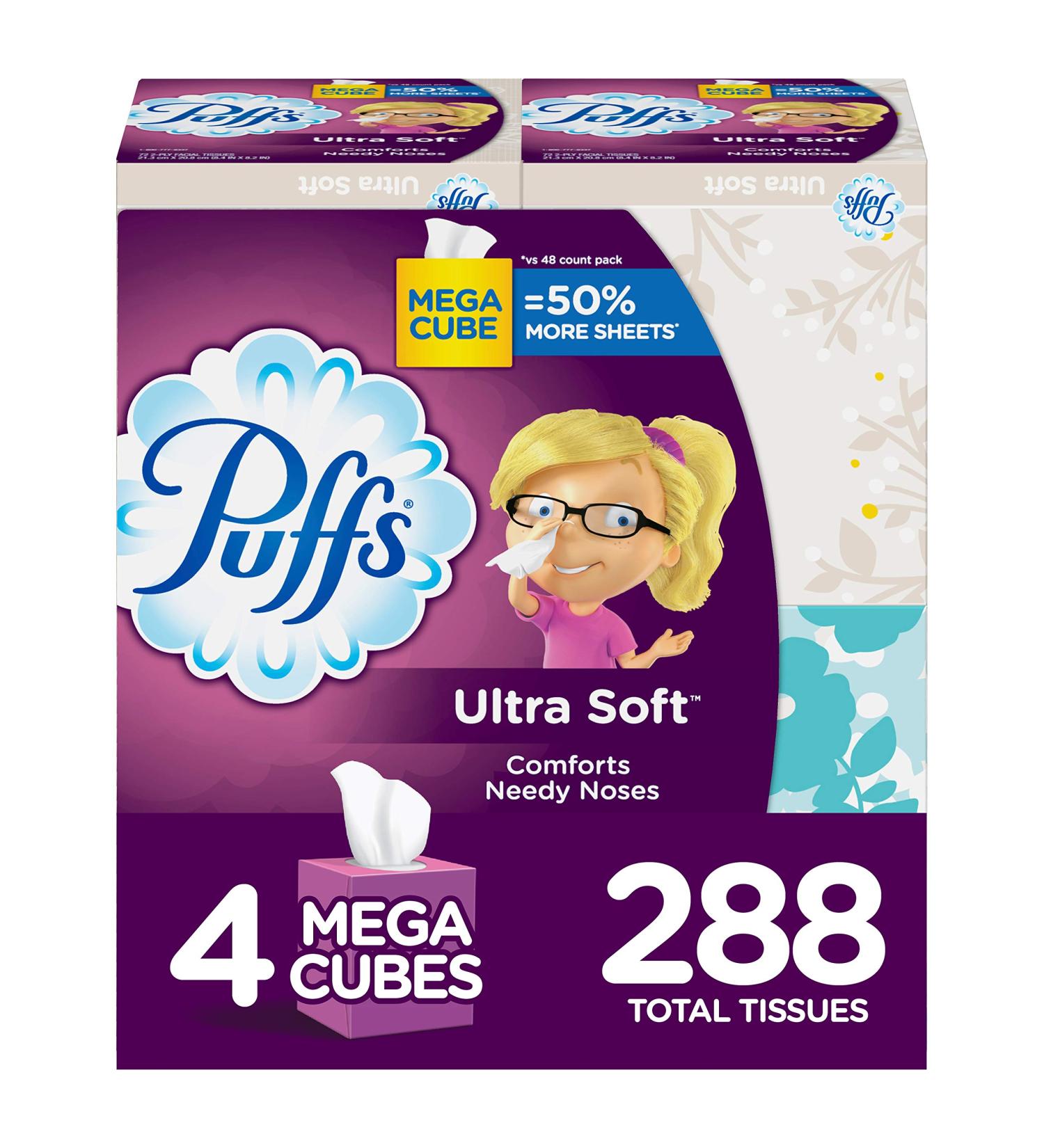 Puffs Ultra Soft Non-Lotion Facial Tissues, 4 Mega Cube Boxes (288 Total Tissues)
