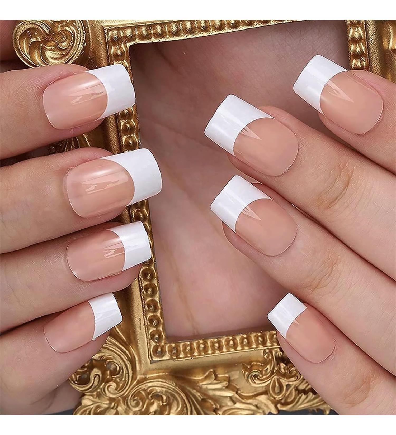 French Tip False Nails 24PCS | Medium Square Nude & White Fake Nails with Jelly Glue - Press on Nails for Women & Girls - Buy Online on SooperMarket.com