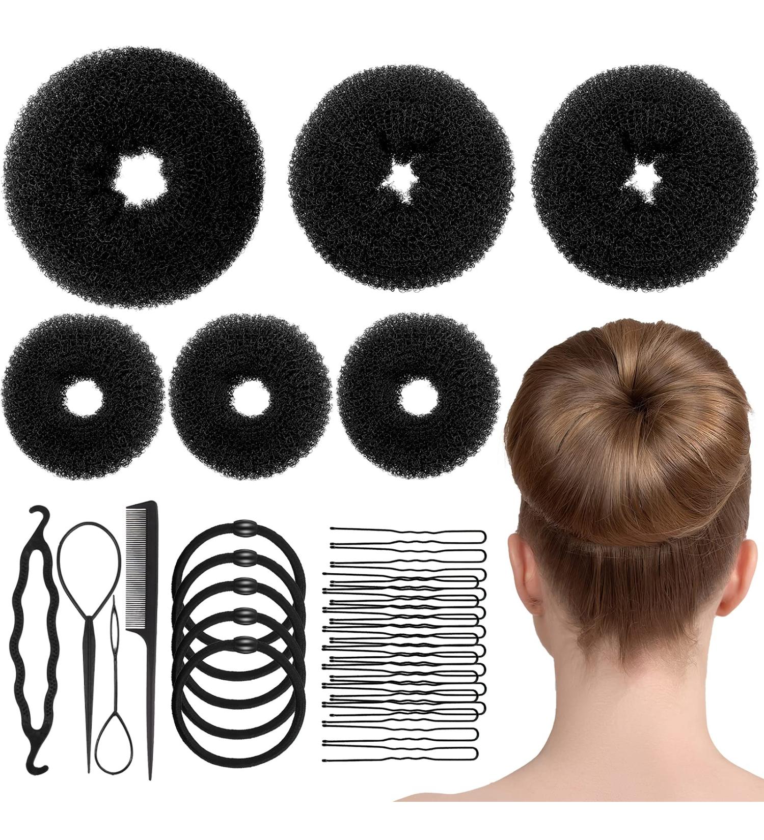 6-Piece Hair Bun Maker Set - Ring Style Donut Bun Shaper & Hair Accessories with Bobby Pins, Elastic Bands, and Ponytail Tools for Women, Girls, Kids - Black - Buy Online on SooperMarket.com