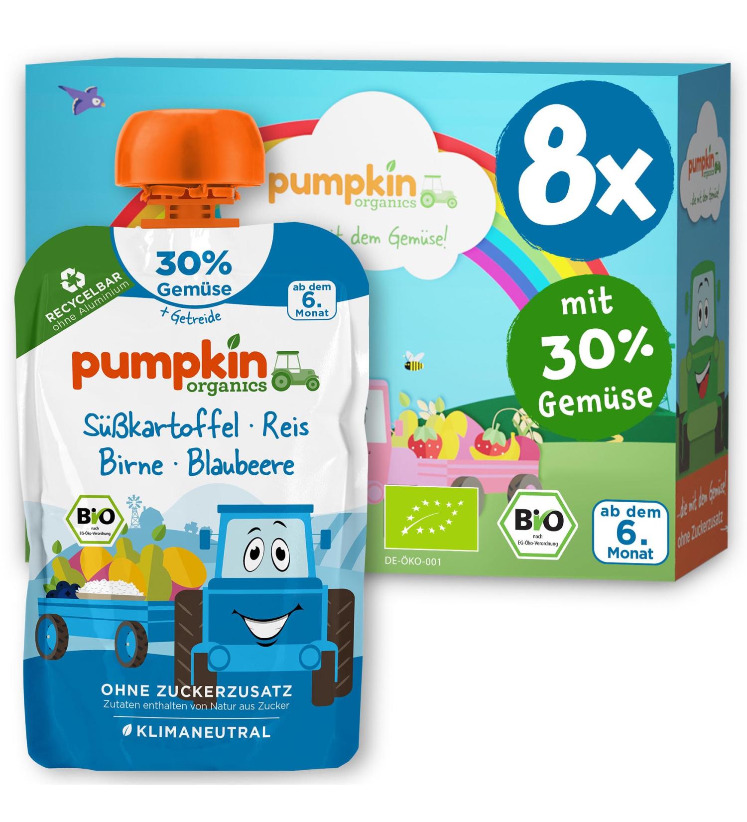 Pumpkin Organics Bio Vegetable Cereal Quets 8 Pack - Sugar-Free Baby Food with Sweet Potato Rice Pear & Blueberry - Gluten-Free & Vegetarian - Perfect for 6+ Months (8x100g) - Buy Online on SooperMarket.com