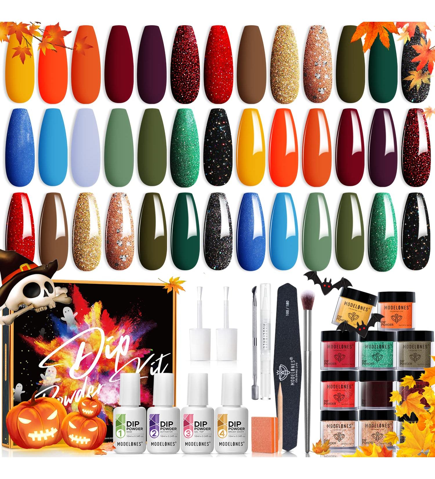 Modelones 32 Pcs Fall Orange Halloween Pumpkin Dip Powder Nail Kit with 20 Colors - Perfect for Nail Art Manicure Beginner DIY Salon - A1 Autumns Finest - Buy Online on SooperMarket.com