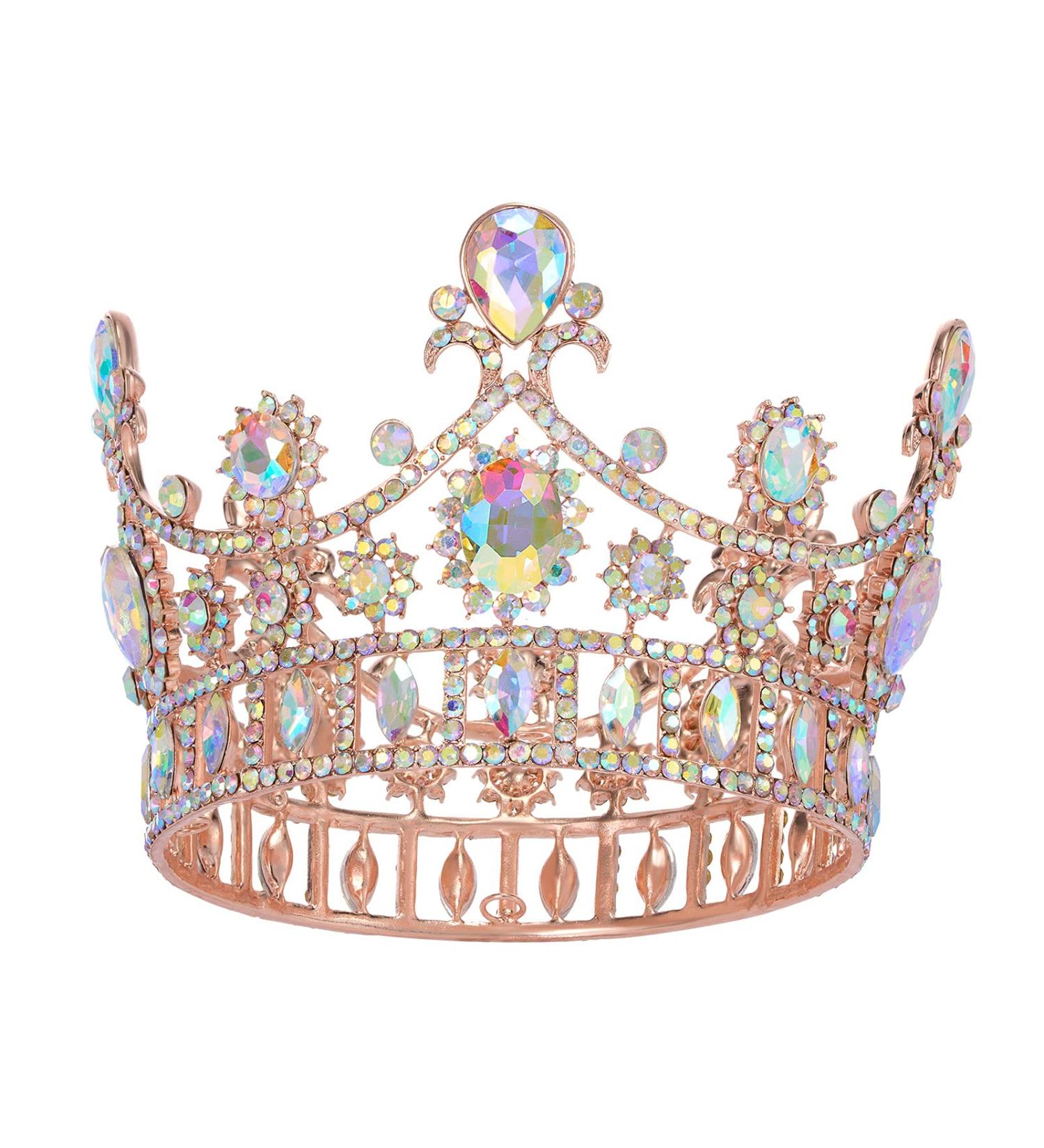 SweetV Rose Gold Queen Crown | Iridescent Crystal Birthday Cake Topper | Costume Tiaras for Wedding Halloween Baby Shower - Buy Online on SooperMarket.com