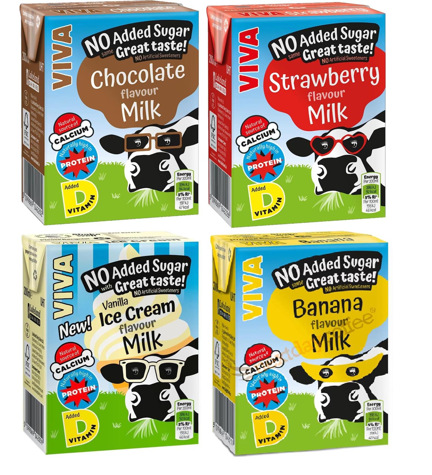 Viva Flavoured Milk 200ml x 16 - No Added Sugar - 4 x Strawberry 4 x Chocolate 4 x Banana 4 x Vanilla Ice Cream - Natural Source of Calcium and Protein - Buy Online on SooperMarket.com