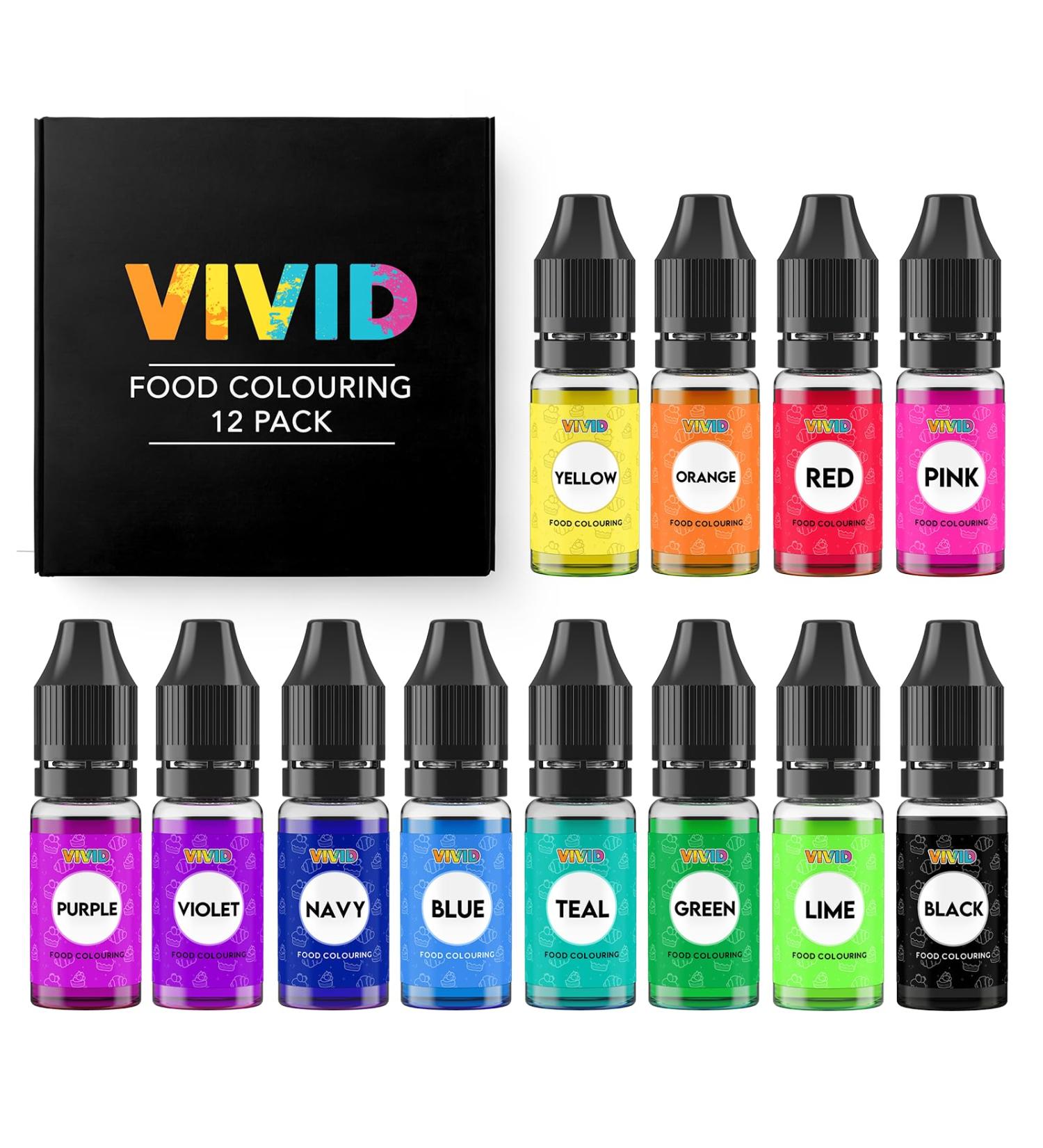 VIVID 12 x 10ml Edible Food Colouring Set - Liquid Colours Kit for Baking & Decorating - Neon Dye for Eggs & Slime - Made in UK - Buy Online on SooperMarket.com