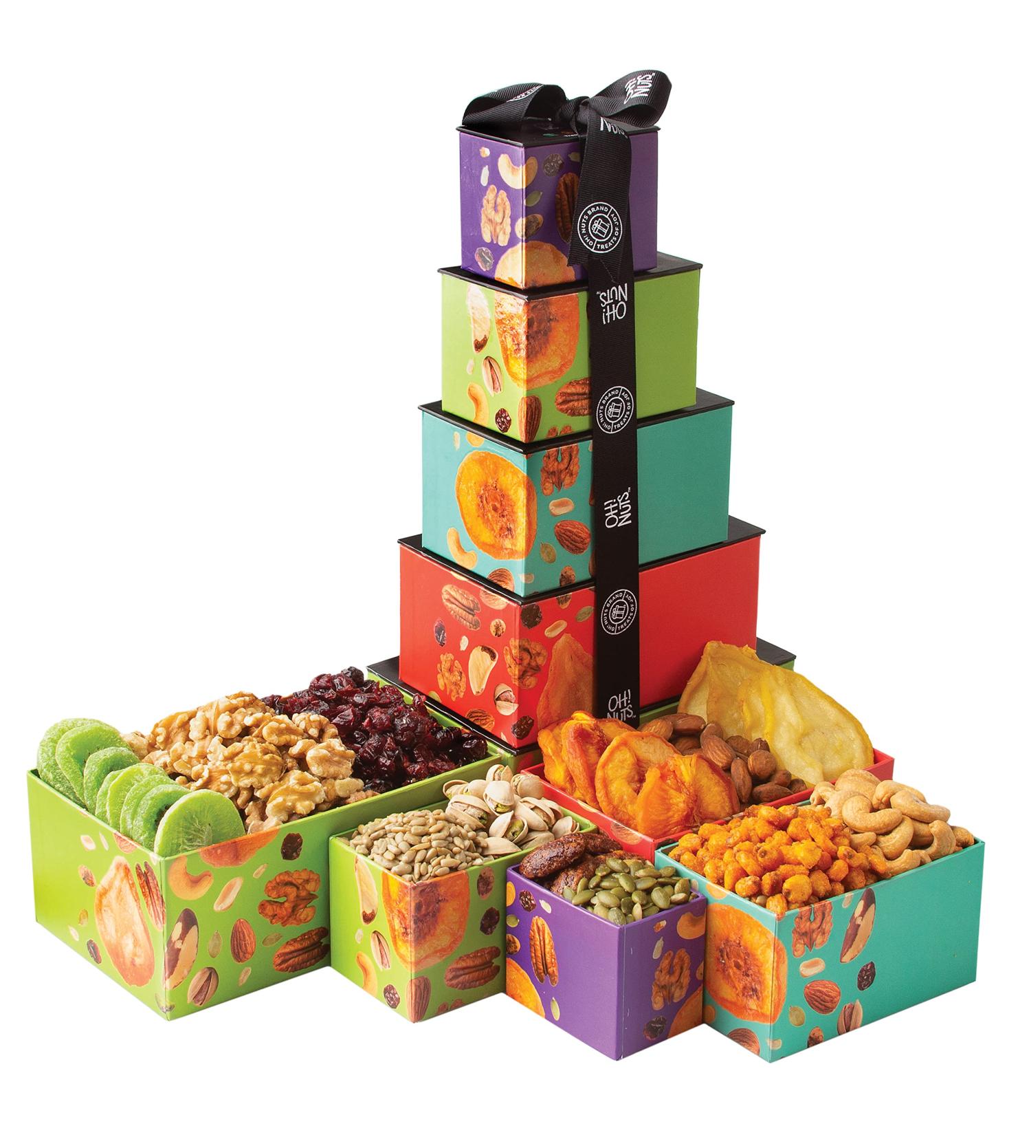 Dried Fruits & Nuts Tower Gift Basket - 5 Tier Gourmet Platter, Healthy Kosher Snack Box for Birthday & Anniversary - Care Package for Men, Women, Adults | Oh! Nuts - Buy Online on SooperMarket.com