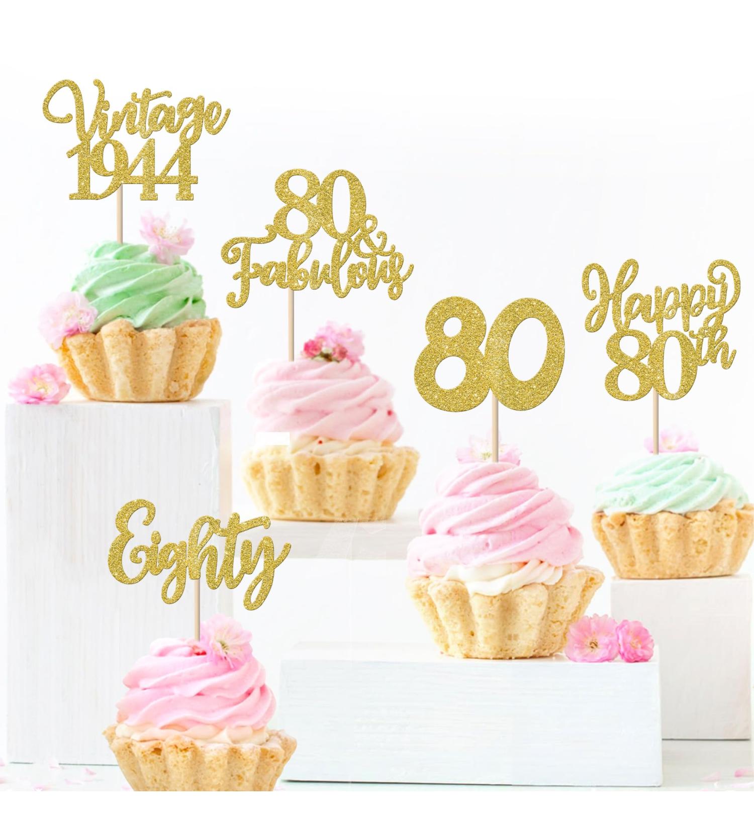 Rsstarxi 30 Pack Happy 80th Birthday Cupcake Toppers Gold Glitter Eighty 80 Fabulous Vintage 1944 Cupcake Picks Decorations for Cheers to 80th Birthday Wedding Anniversary Party Cake Decorations Gold 80th