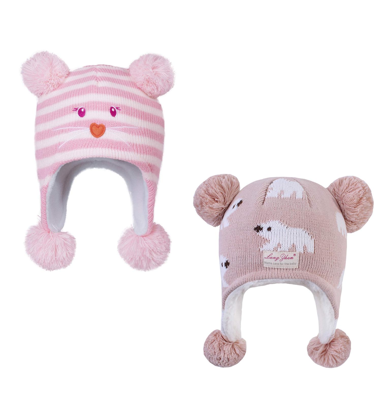 LANGZHEN Toddler Kids Winter Hat Earflap Knit Cap for Boys Girls 2-4 Years - Pink Stripe Polar Bear Design - Buy Online on SooperMarket.com
