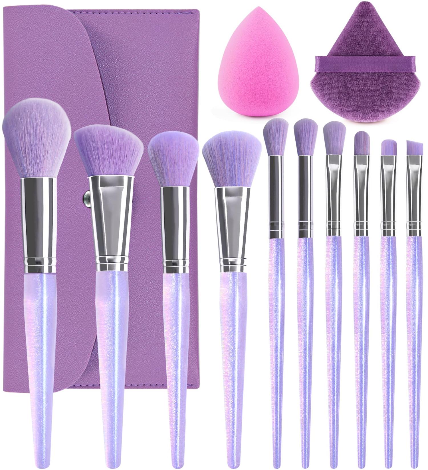 BEAKEY Travel Makeup Brushes 12pcs Brush Set - Premium Synthetic Foundation & Contour Brushes for Concealer, Eyeshadow & Blush - Fashionable Purple Makeup Tools - Buy Online on SooperMarket.com