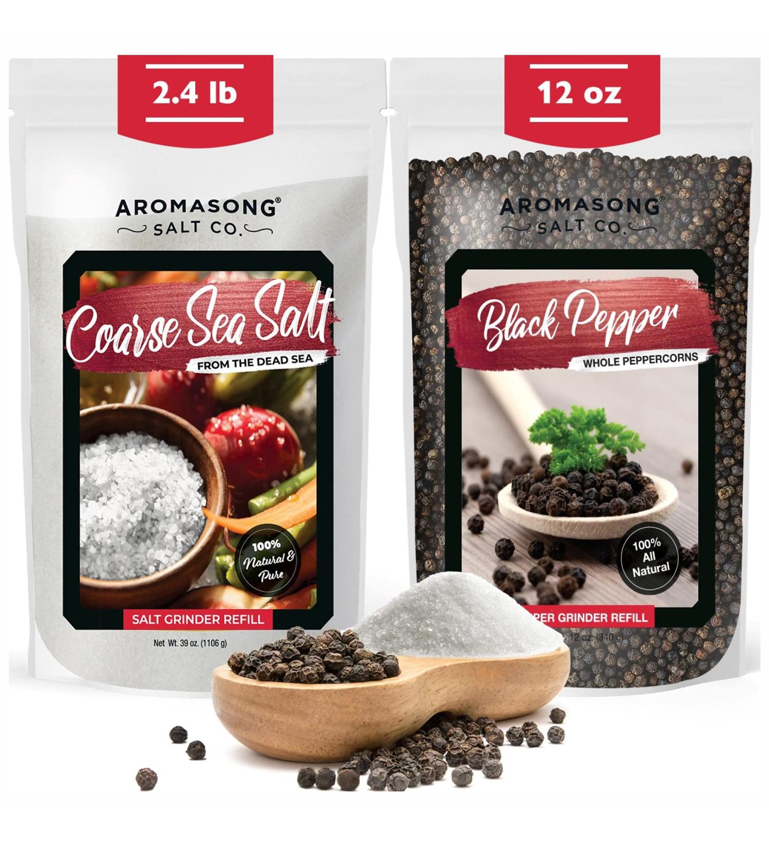 Aromasong Organic Coarse Sea Salt & Black Peppercorn Grinder Combo Set - 2.43 LB Salt & 12 OZ Peppercorn Refill - Ideal for Cooking & Baking - Bulk Resealable Bag - Buy Online on SooperMarket.com