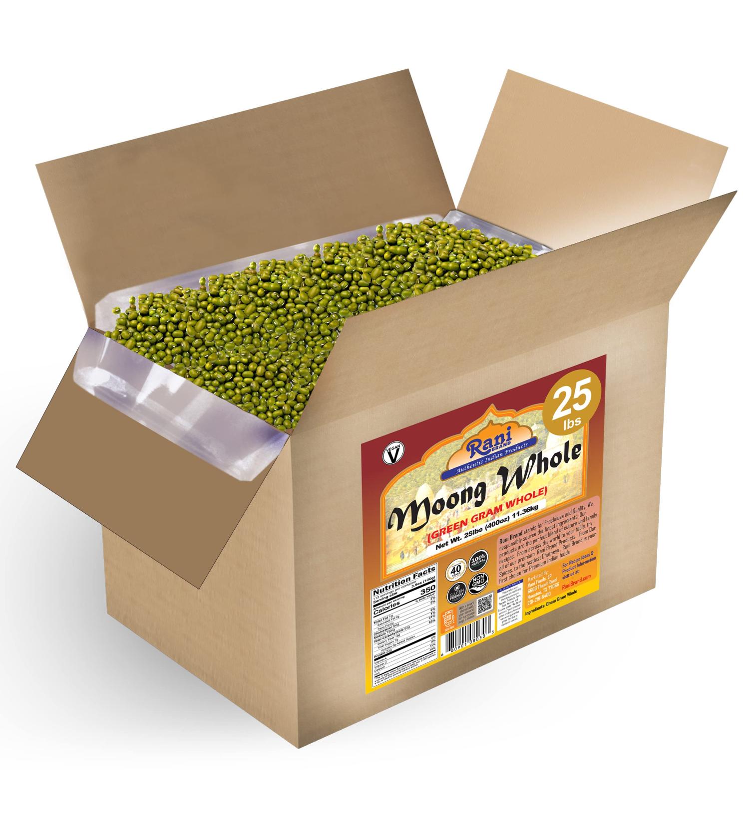 Rani Moong Whole (Ideal for Cooking & Sprouting Whole Mung Beans with Skin) Lentils Indian 400oz (25lbs) 11.36kg Bulk Box All Natural | Gluten Friendly | Non-GMO | Vegan | Indian Origin - Buy Online on SooperMarket.com