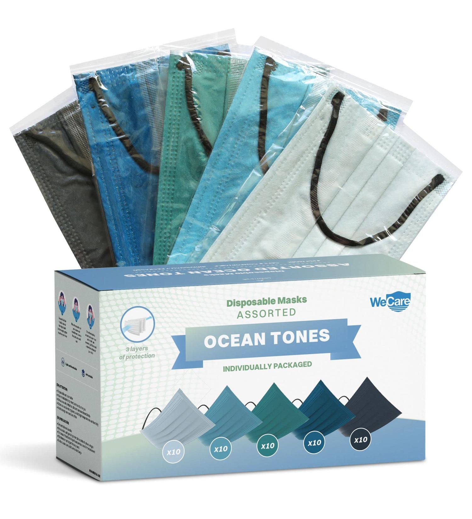 WeCare Disposable Face Mask - 50 Pack, Assorted Ocean Tone Solid Color Print Masks - 3 Ply Ocean Tones - Buy Online on SooperMarket.com