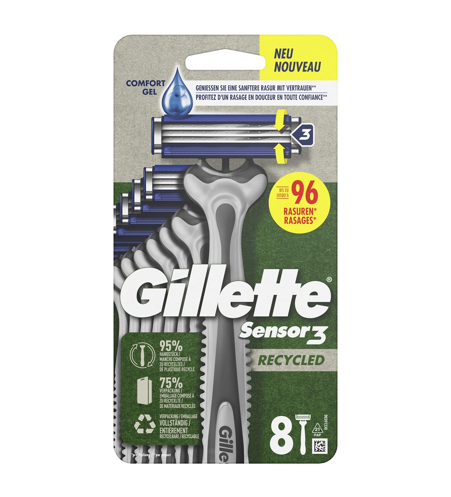 Buy Gillette Sensor3 Recycled Disposable Razors - 8 Pack | Eco-Friendly Wet Razors with 3-Fold Blades | 95% Recycled Plastic - Buy Online on SooperMarket.com