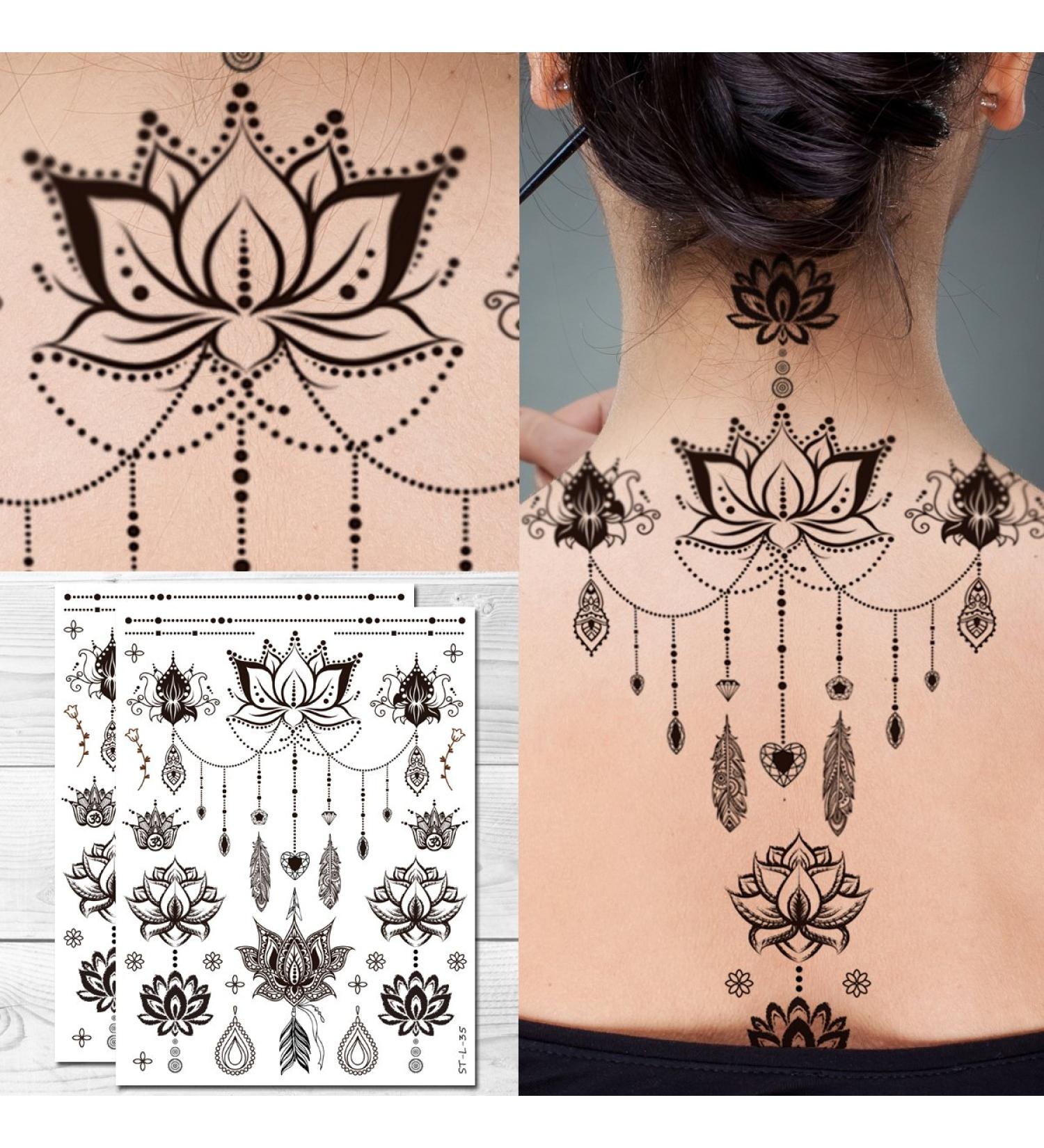Supperb Temporary Tattoos - Mandala Floral Lotus Feather Flower Jewelry Bohemian Tattoo (Set of 2)