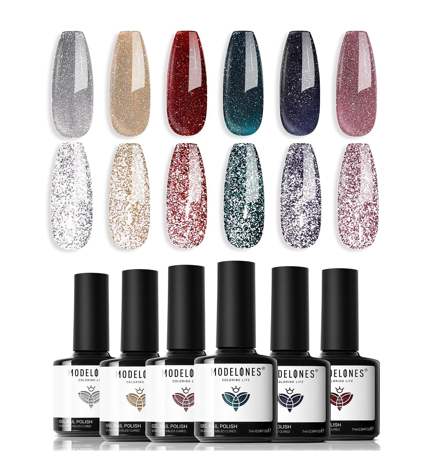 Modelones Reflective Glitter Gel Nail Polish Set 6 Colors Pink Red Black Silver Shimmer Sparkle Gel Polish Collection Kit LED Soak Off Nail Polish Manicure Art Gel Kit Home DIY Nail Salon - Buy Online on SooperMarket.com