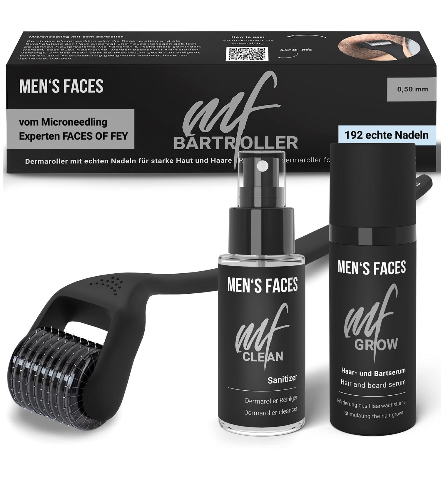 Bart Roller Set incl. Dermar roller with real needles for men - Beard Growth Booster Serum for more beard growth & faster growth of hair - beard care kit with bare scooter for men's Men's Faces Hair & Beard Growth Set