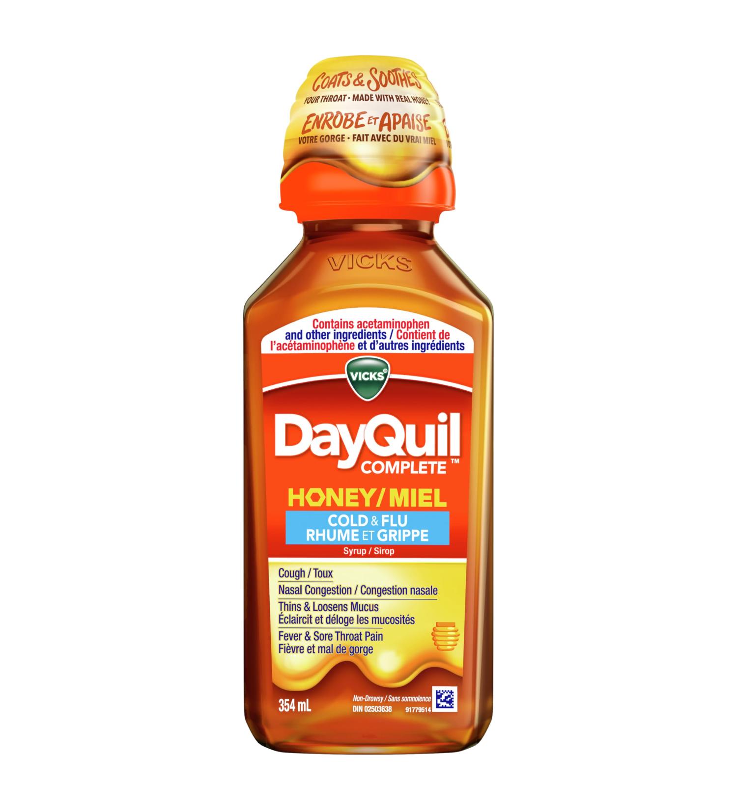 Vicks DayQuil COMPLETE Cold and Flu Medicine Liquid Medicine Honey Flavour Daytime Non-Drowsy relief for Cough Fever Sore Throat Pain Sinus congestion Sinus Pain Chest Congestion 354 ml - Buy Online on SooperMarket.com
