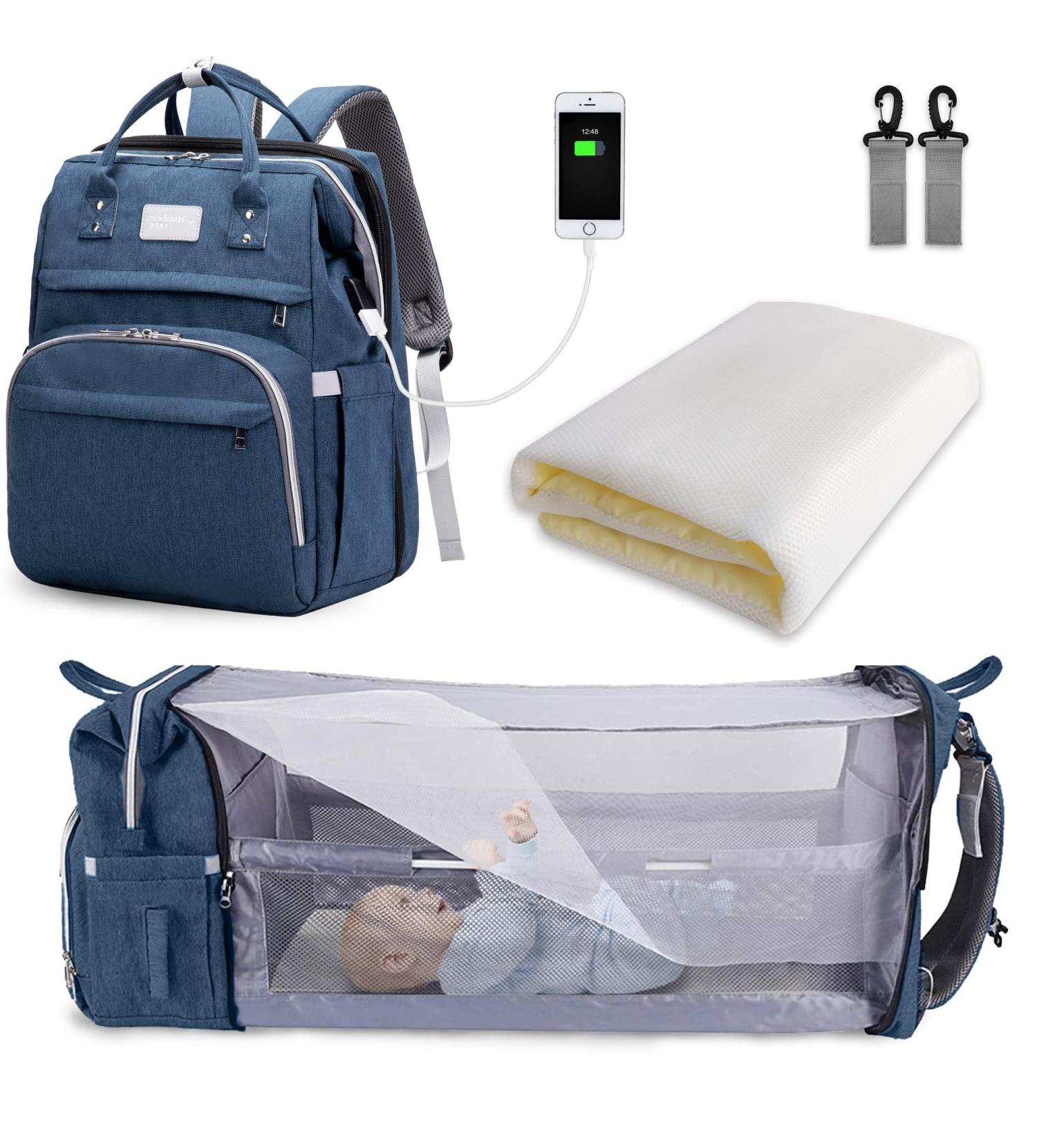 Shop SndMor Dark Blue Diaper Bag Backpack - Multifunctional with Bed Function Stroller Hooks Ideal for Moms & Dads | International Shipping - Buy Online on SooperMarket.com