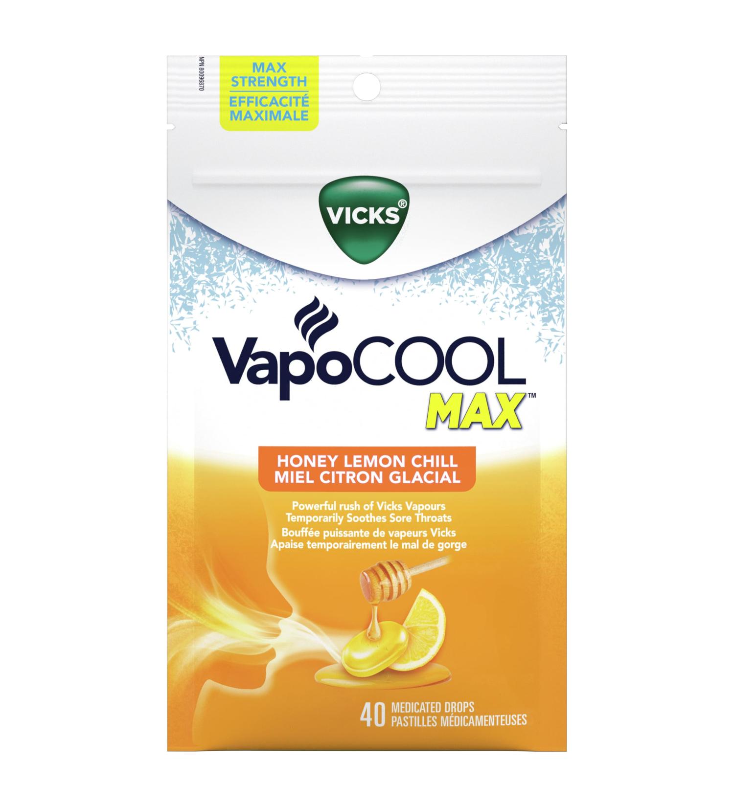 Vicks VapoCOOL Max Medicated Drops for Temporary Cough and Sore Throat Relief Honey Lemon Chill Flavour Lozenges 40 Count - Buy Online on SooperMarket.com