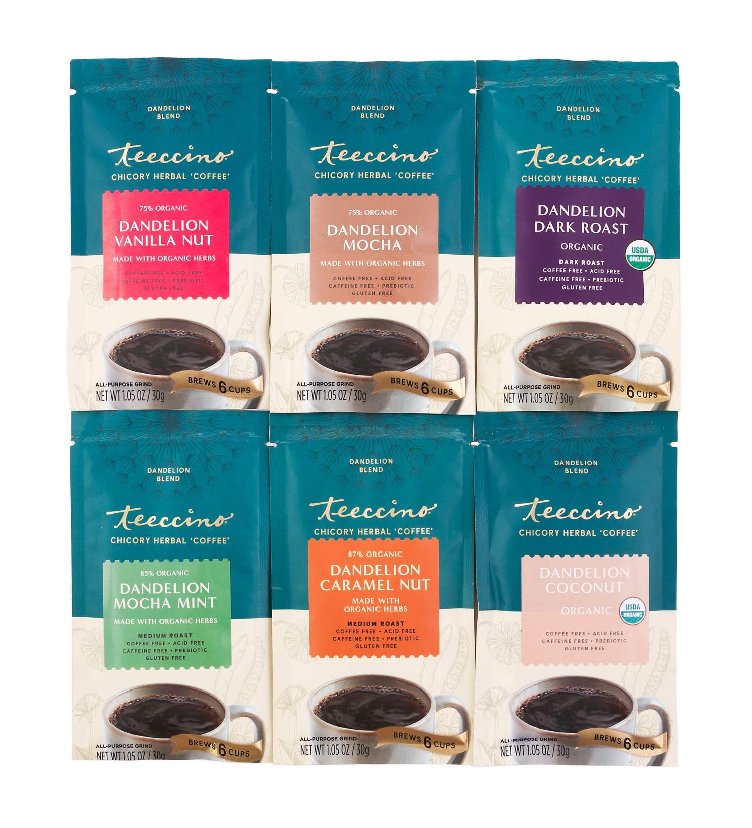 Teeccino Dandelion Herbal Coffee Sampler - 6 Trial-Size Packets - Dark Roast Variety Pack - Caffeine-Free & Gluten-Free Dandelion Coffee Alternatives - Buy Online on SooperMarket.com